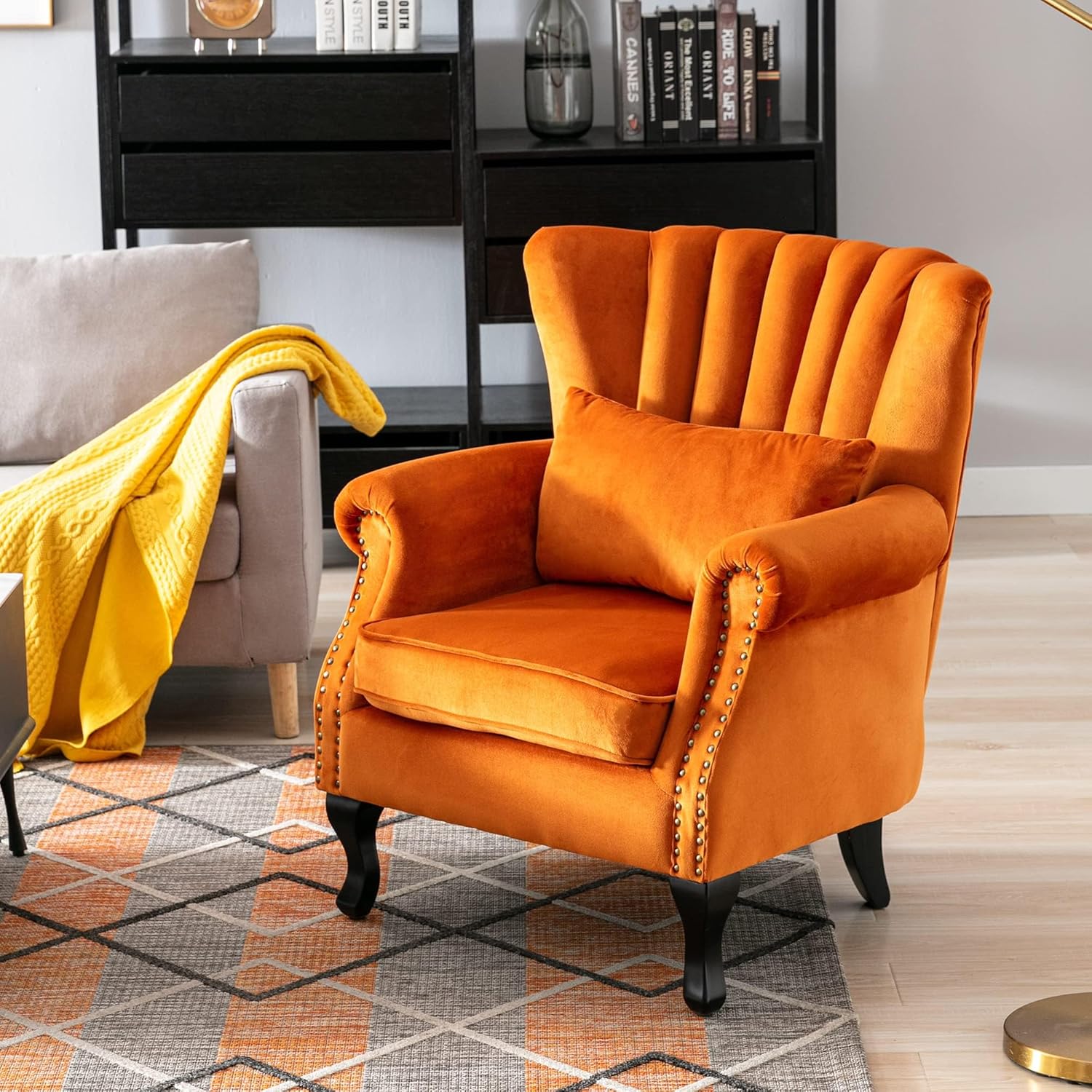 chairus Mid-Century Modern Accent Chair, Comfy Single Sofa Chair Channel Back Armchair with Small Pillow for Living Roon Bedroom Club - Velvet, Orange