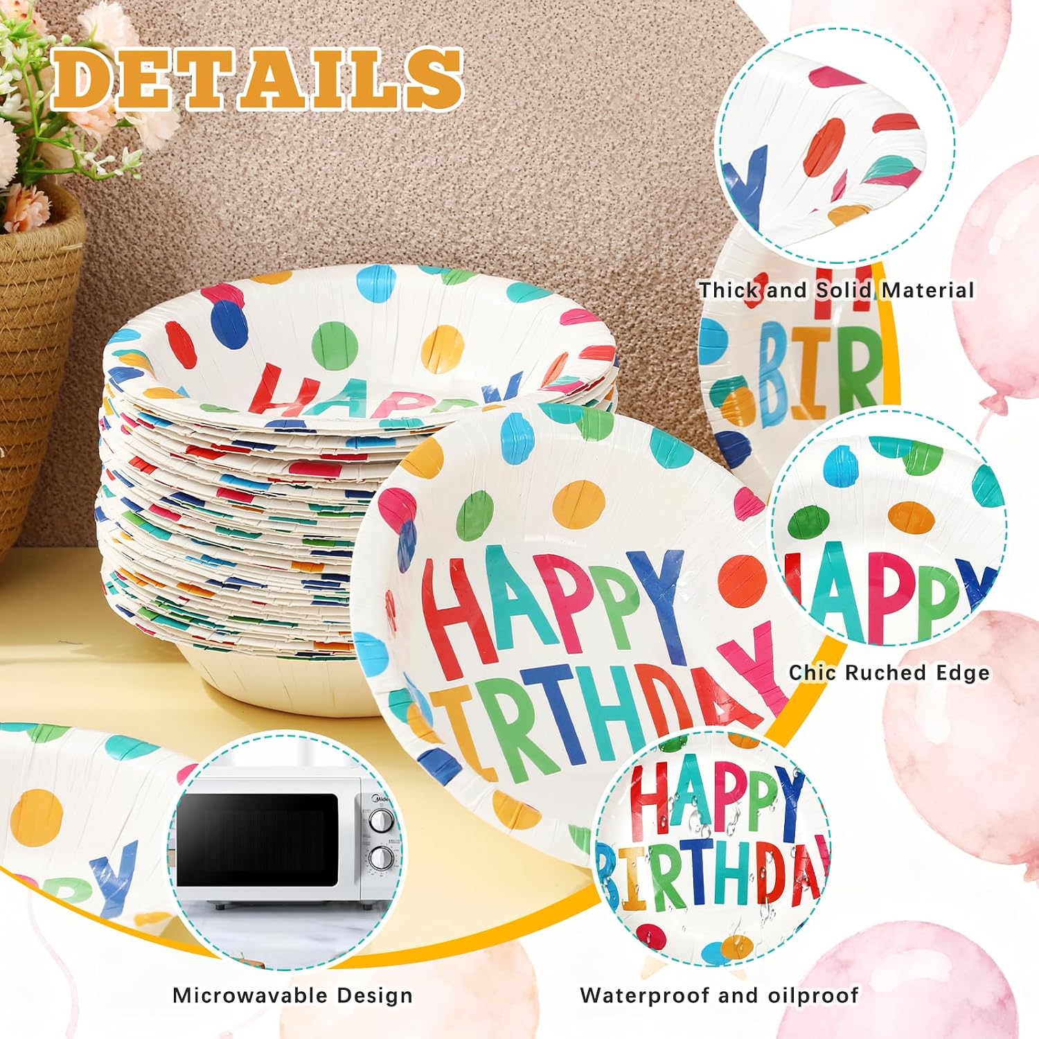 Whaline 50Pcs Birthday Paper Bowls Disposable Serving Bowl Colorful Happy Birthday Dot Salad Dessert Bowls for Baby Shower Party Supplies Table Decor