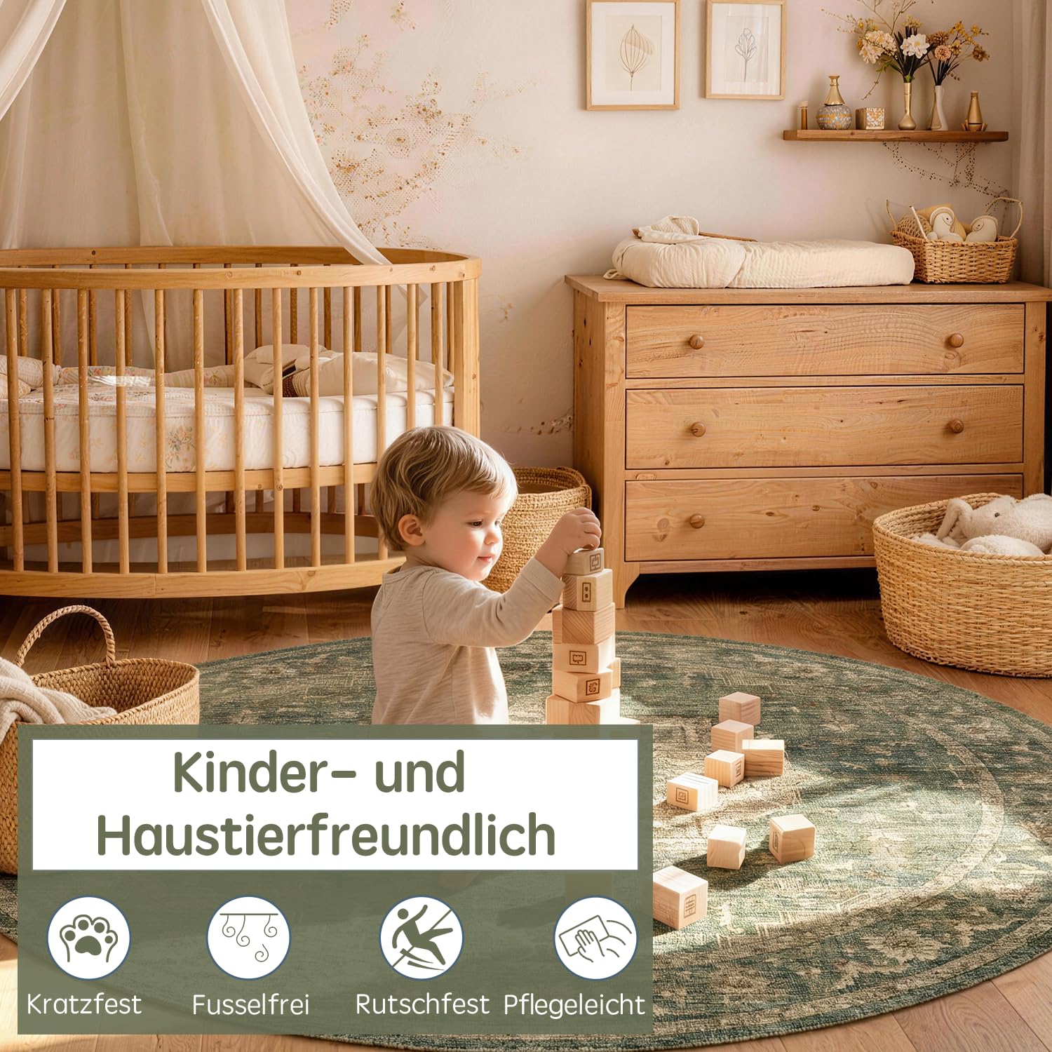 Vintage Waschbarer Teppich Wohnzimmer Dunkelgrün ⌀160 cm