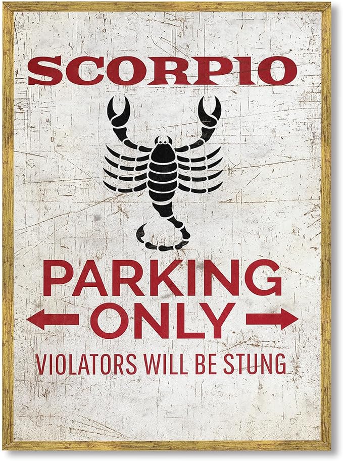 Vintage Framed Scorpio Parking Only Canvas Print Oil Paintings Reproduction World Classics Retro Poster Wall Decor Funny Zodiac Sign Wall Art for Garage Office Bar Decoration (Wood Framed,12L x 16W)