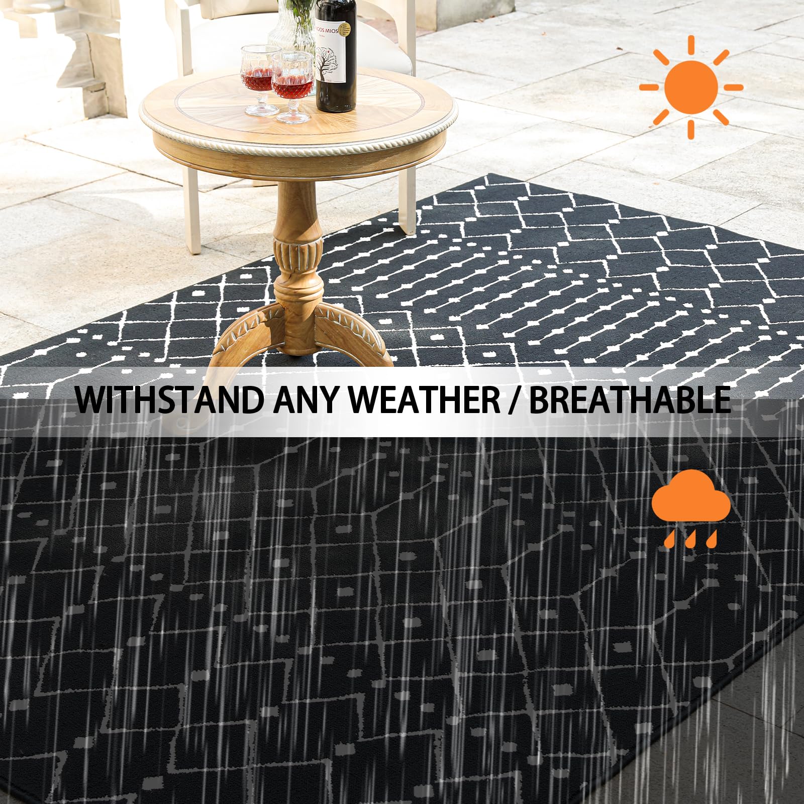 ILANGO Waterproof Outdoor Rugs 5x8 ft, Textured Weave Indoor Outdoor Area Rug Bohemian for Patio Camping Porch Deck Backyard Picnic Beach Trailer, RV Outside Rugs Non Shedding (Black)