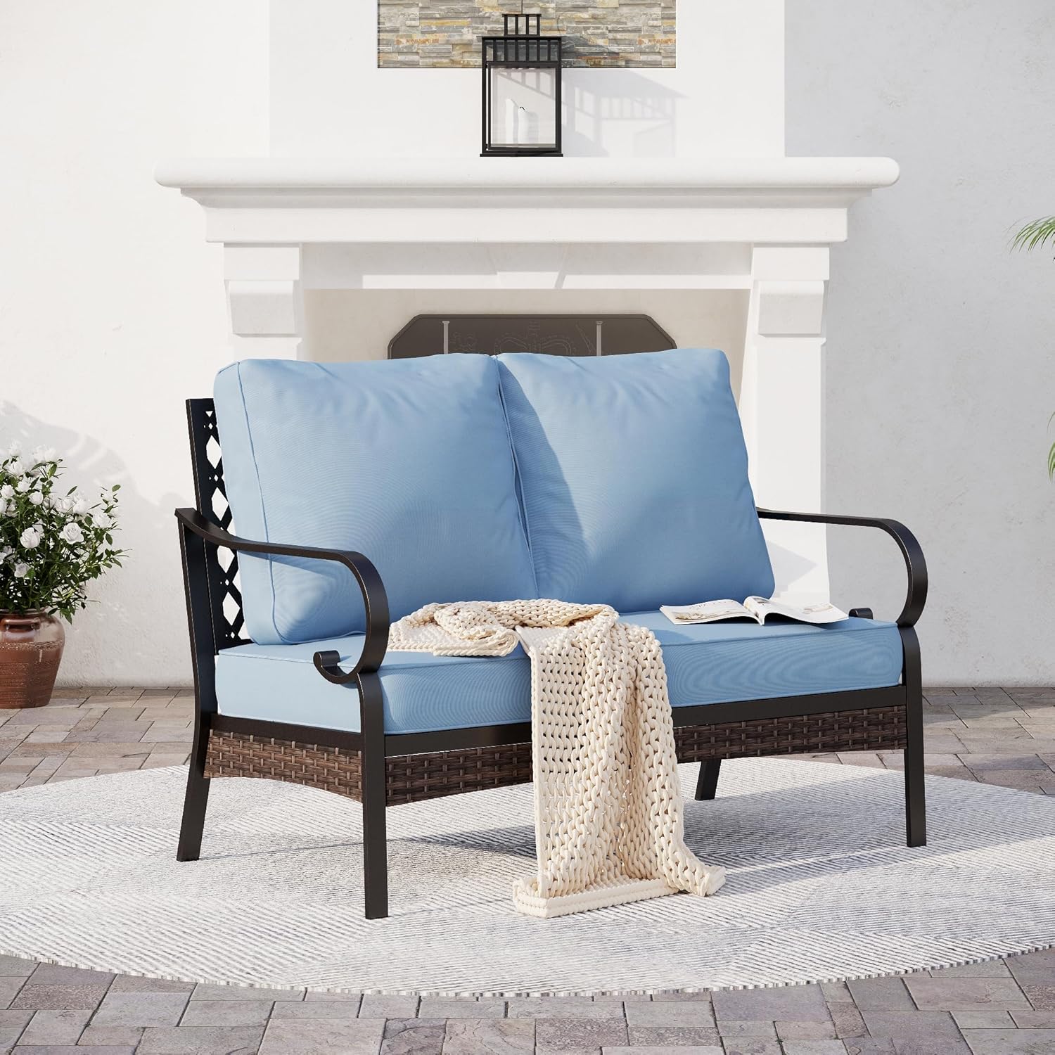 Metal Patio Furniture Loveseat with 5.75" Extra Thick Waterproof Cushion, 2-Seater Deep Seating & High-Back Black Outdoor Couch All Weather Outdoor Seating for Gazebo Porch, Blue