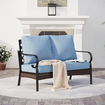 SUNSHINE VALLEY Metal Patio Furniture Loveseat with 5.75" Extra Thick Waterproof Cushion, 2-Seater Deep Seating & High-Back Black Outdoor Couch All Weather Outdoor Seating for Gazebo Porch, Blue