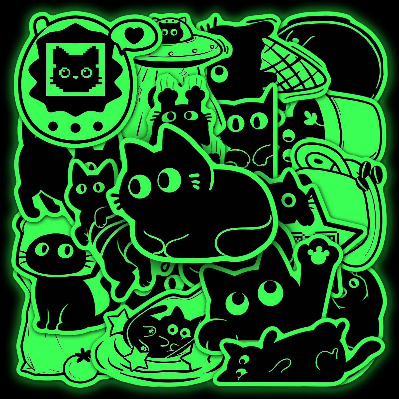 Lylsdsb Glow In The Dark Cat 20Pcs Stickers Luminous Vinyl Decals For Laptops Skateboards Luggage Helmets Bikes And Phones Fans Lovers And Night Vibe Enthusiasts