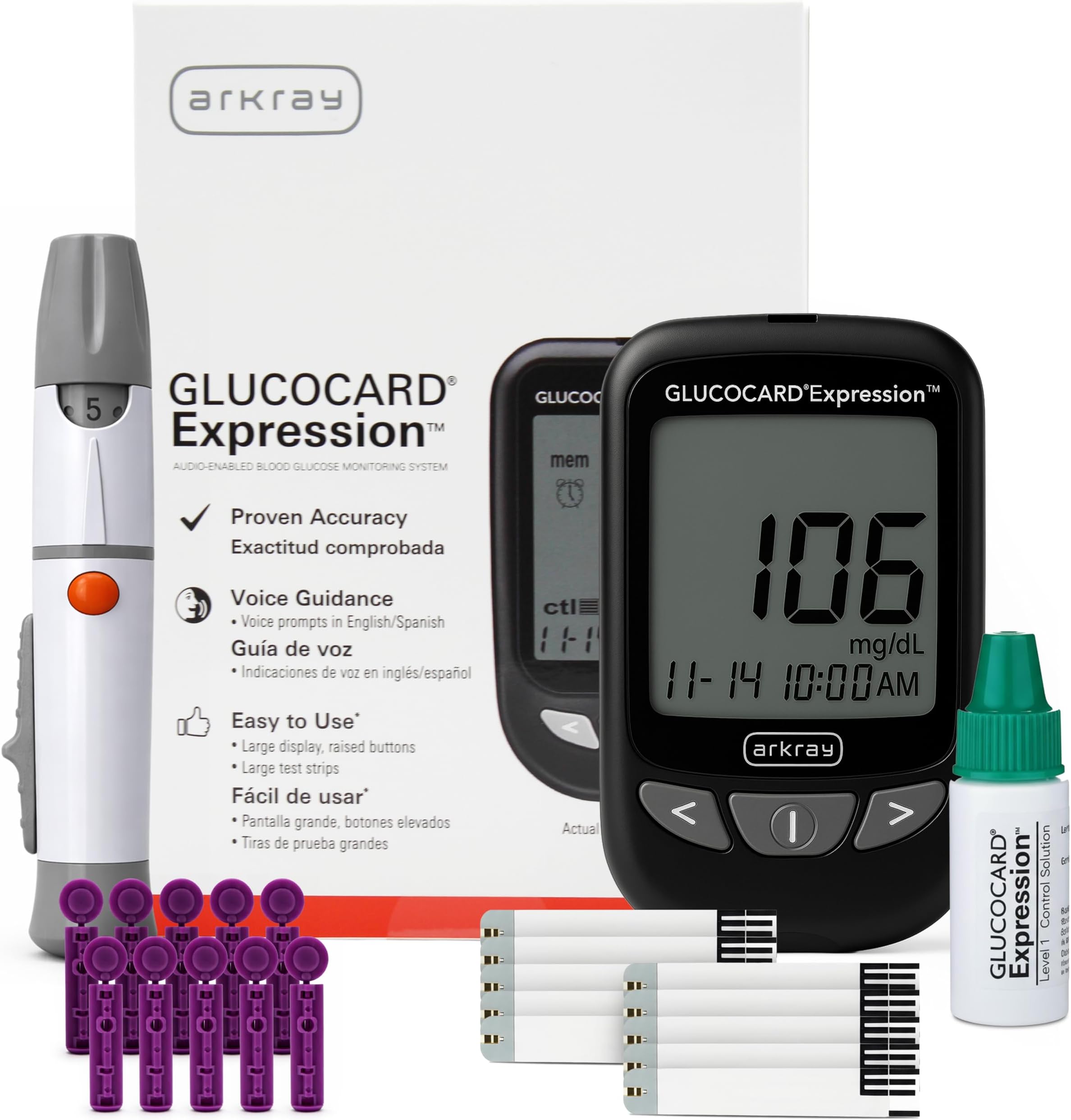 ARKRAY GLUCOCARD Expression Blood Glucose Monitor Kit – Audio-Enabled, Auto-Code Blood Glucose Monitoring System - Includes 10 Test Strips, 10 Lancets, 1 Lancing Device & 1 Bottle Control Solution