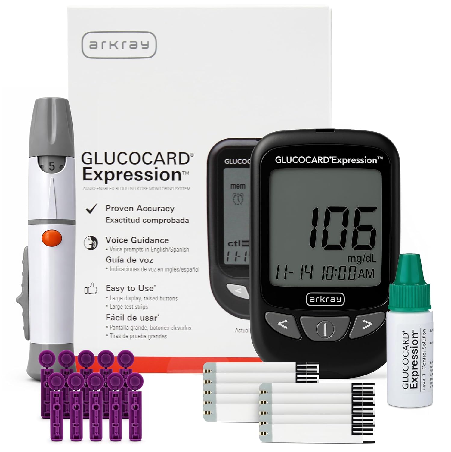 ARKRAY GLUCOCARD Expression Blood Glucose Monitor Kit – Audio-Enabled, Auto-Code Blood Glucose Monitoring System - Includes 10 Test Strips, 10 Lancets, 1 Lancing Device & 1 Bottle Control Solution