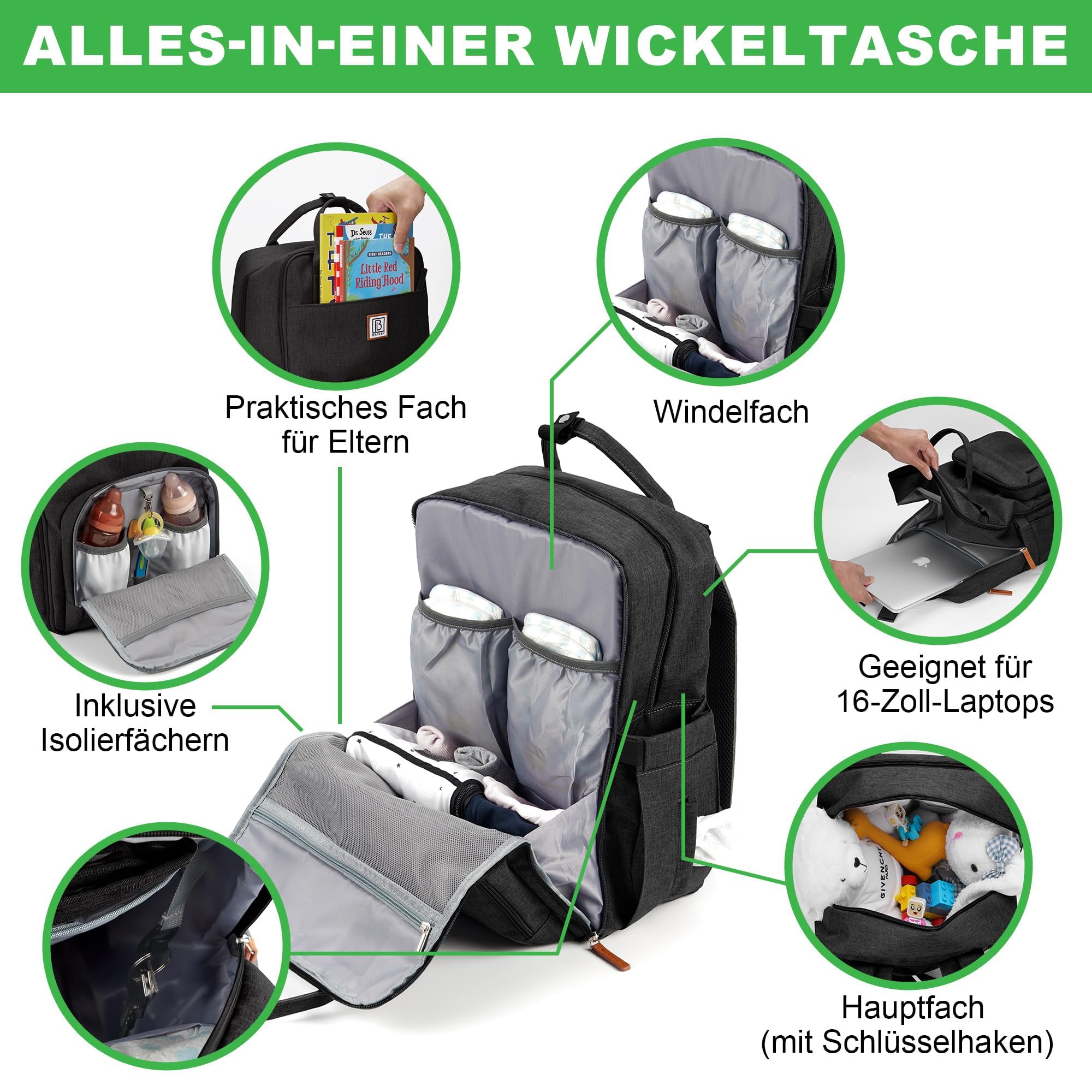 Brisby strapazierfähige Wickeltasche - Pflegetasche - mit Buggyhalterung - Schwarz