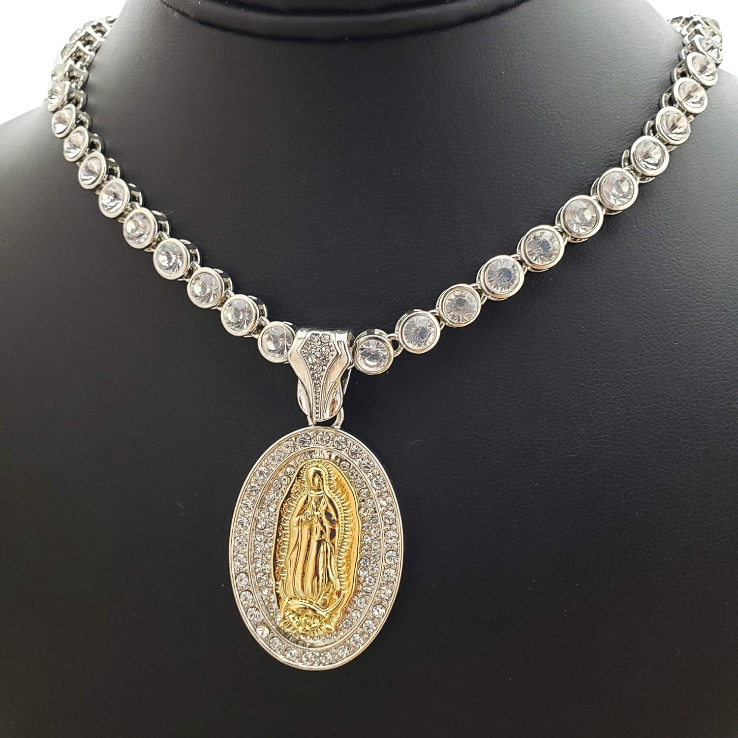 Hip Hop White Gold PT Guadalupe Mother Mary Pendant & 7mm 20" Iced CZ Choker Chain Fashion Bling Necklace