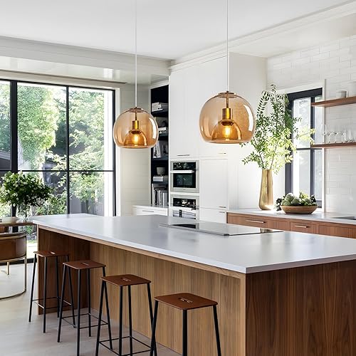 Miniatura 4 de Luces colgantes de vidrio ámbar, para isla de cocina, lámpara colgante dorada, lámpara colgante de globo de vidrio, iluminación colgante moderna