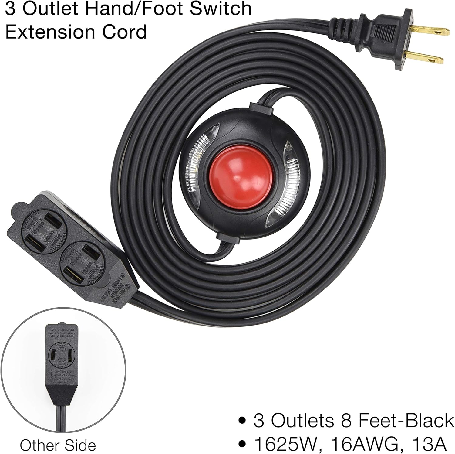 3 Outlet Extension Cord with Hand/Foot Switch and Light Indicator with Safety Twist-Lock, 16/2, Black, UL Listed