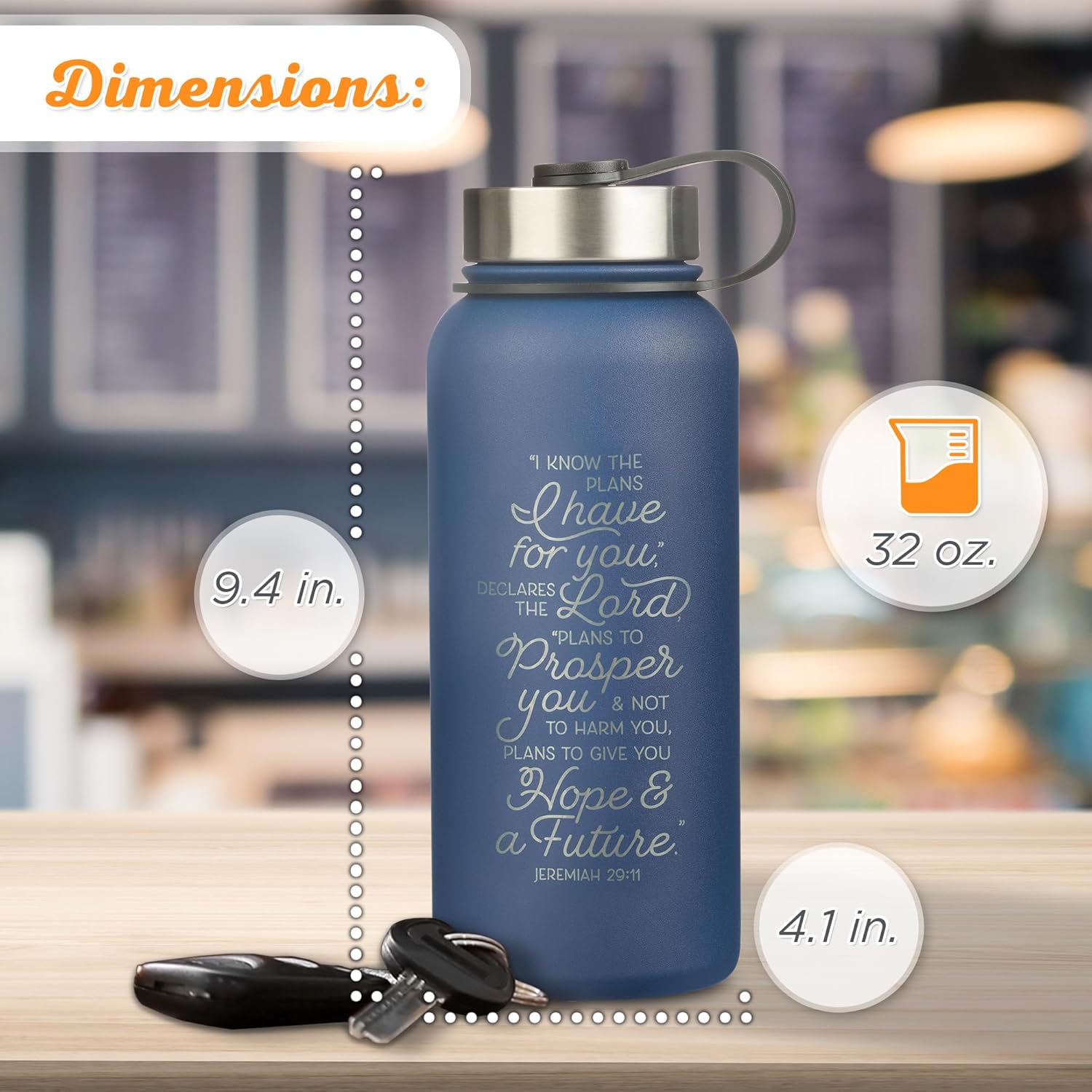 Christian Art Gifts Large Stainless Steel Double Wall Vacuum Sealed Insulated Water Bottle for Women, Men & Grads: I Know the Plans - Jer. 29:11 Inspiring Bible Verse, Leak/Spill-proof, Blue, 32 oz. - Image 4