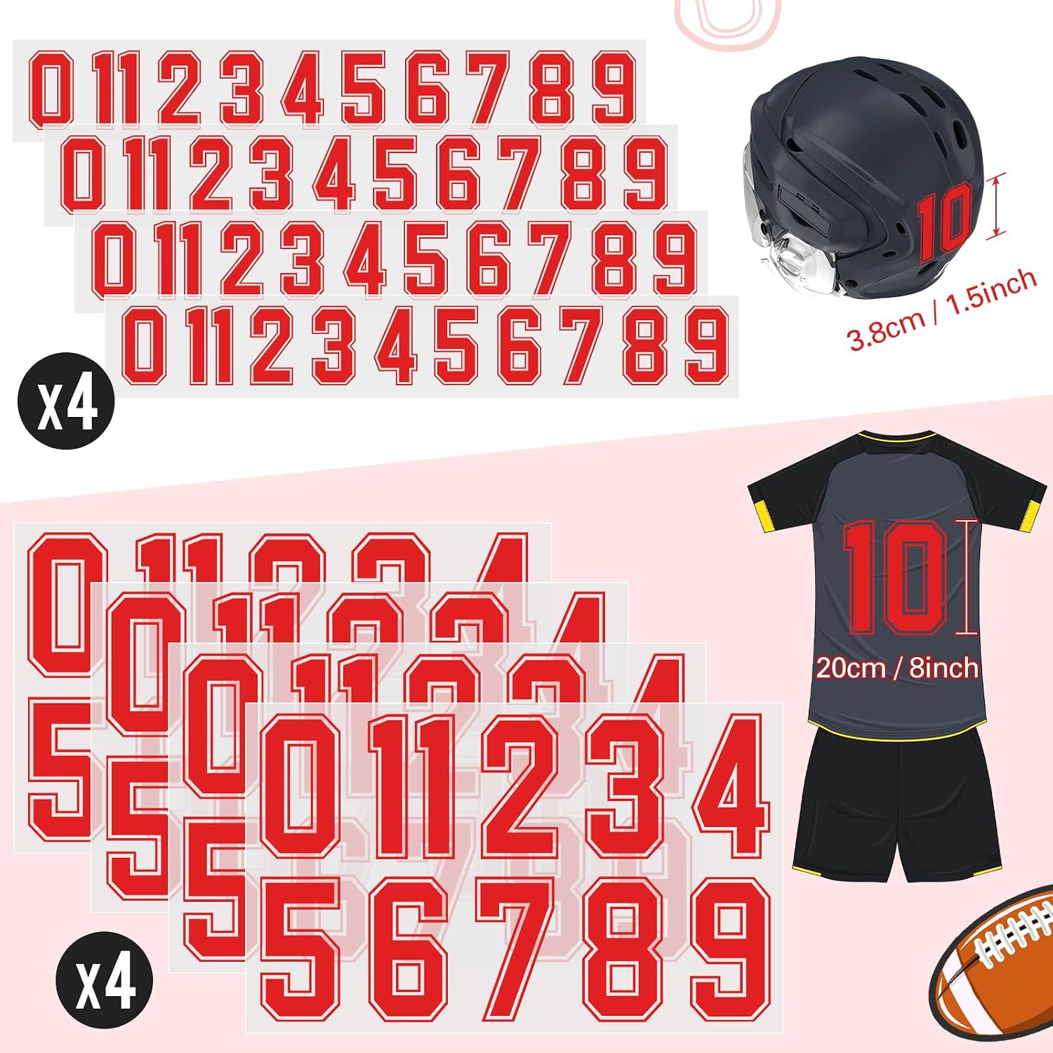 Glenmal 88 Sheets 968 Pcs Iron on Numbers for Jersey T-Shirt Heat Transfer Numbers 0-9 for Fabric Clothing Sports Jersey Helmet Football Basketball Baseball DIY Team Uniform (Red)