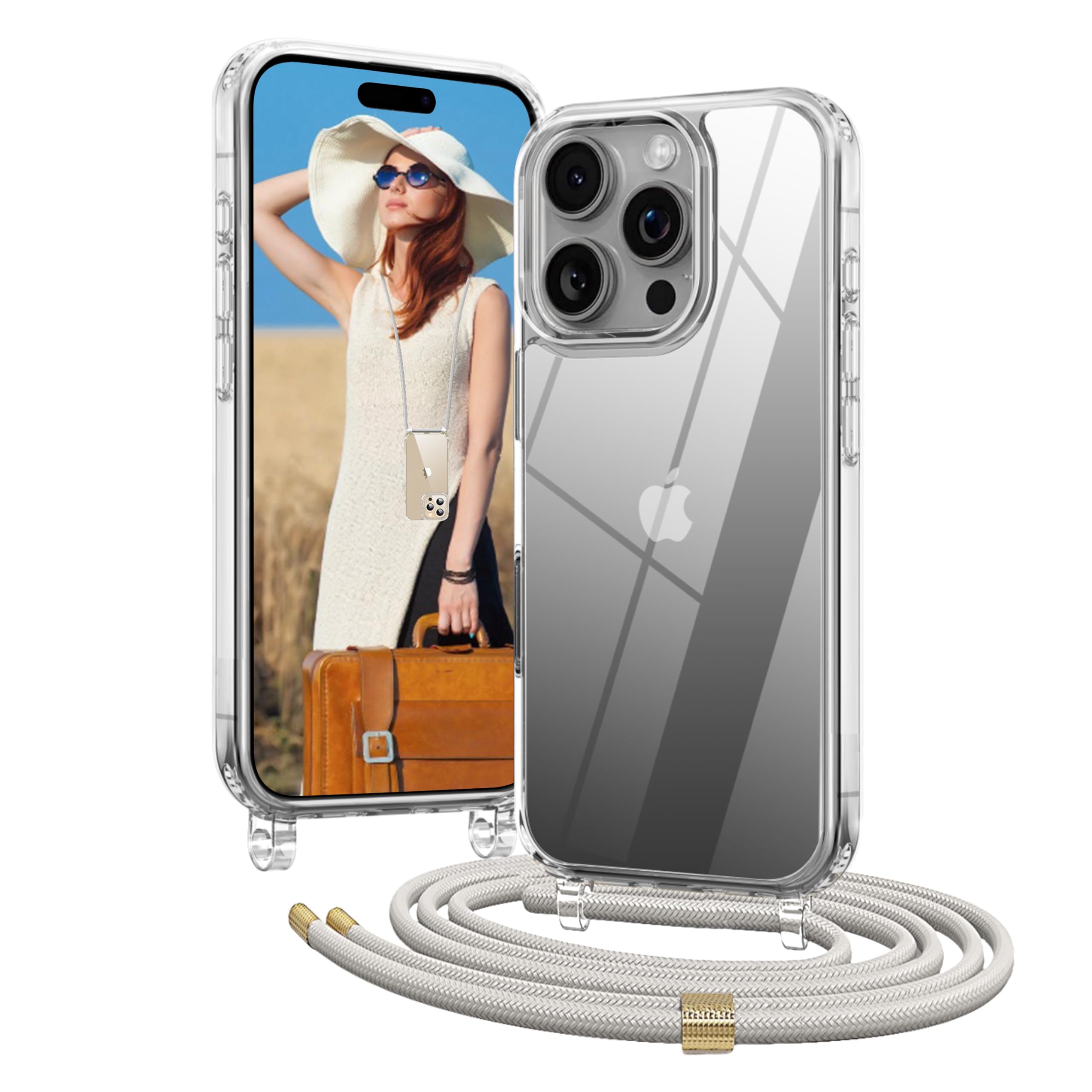 OLEPHY Handykette für iPhone 16 Pro Hülle mit Band, [Verstellbarem und Demontage Umhängeband], Transparente Handyhülle mit Kordel zum Umhängen für Wanderungen & Outdoor | Freiheit für Hände, Beige