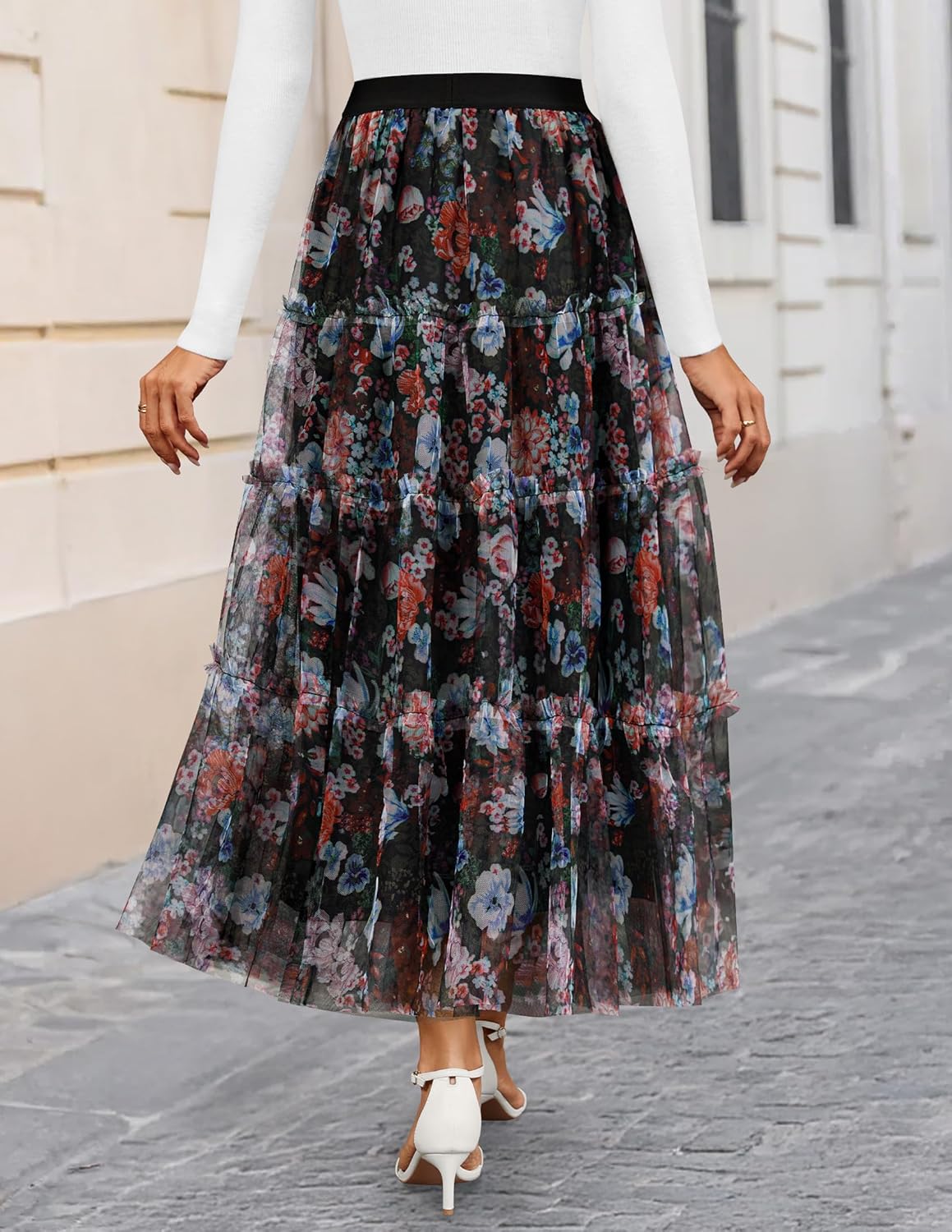 ZESICA Women's Tulle Maxi Skirt A-Line Flowy Ruffle Tiered Elastic High Waist 2026 Fall Trendy Midi Long Skirts - Image 3