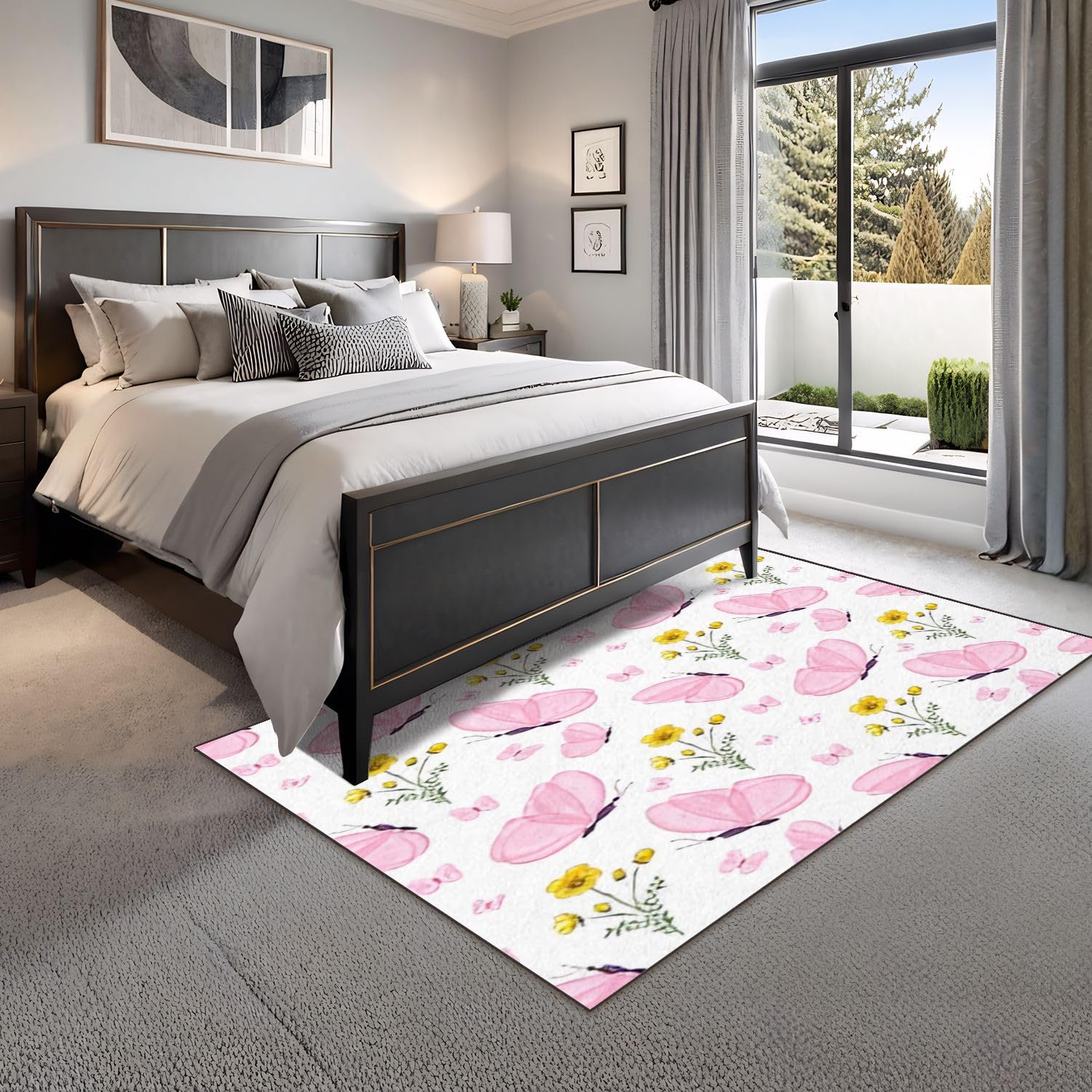 4x5 Pink Boho Rug Rugs for Living Room Rugs for Entryway Watercolor Seamless Pattern Wildflowers Pink Butterfly Bedroom Rug Door Mat Nursery Room Decor Rainbow Carpet