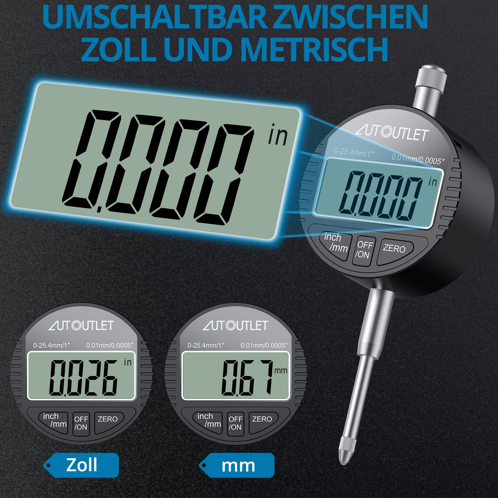 AUTOUTLET Digital Messuhr und Magnetfuß mit Zentralklemmung 25cm 132lbs/60kg Maximale Zugkraft, 0-25,4mm/1'' Messtaster Zoll/Metrische Umrechnung, Magnet Messuhrhalter, für Labor Werkstatt 3D Drucker