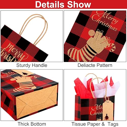 Miniatura 4 de Aneco 24 bolsas de regalo de Navidad, bolsas de regalo de búfalo rojo y negro, bolsa pequeña de papel kraft de Navidad con etiqueta de seda, bolsas