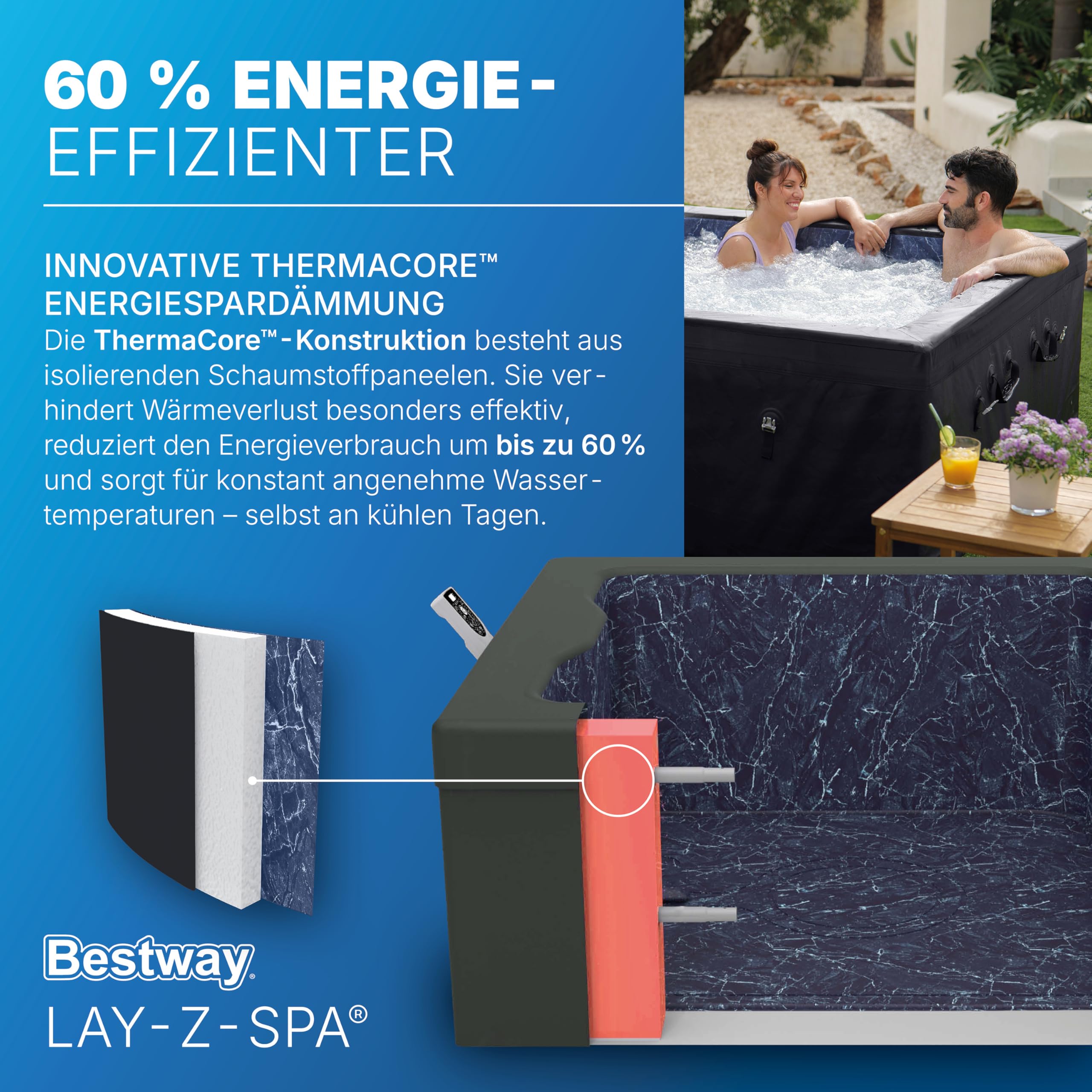 Bestway Lay-Z-SPA Stockholm AirJet Energiespar-Whirlpool 164x164 cm – Smarter Pool für 6 Personen mit App-Steuerung, 40°C Heizung, ThermaCore Isolierung & 140 Massagedüsen, Winterfest & Schwarz