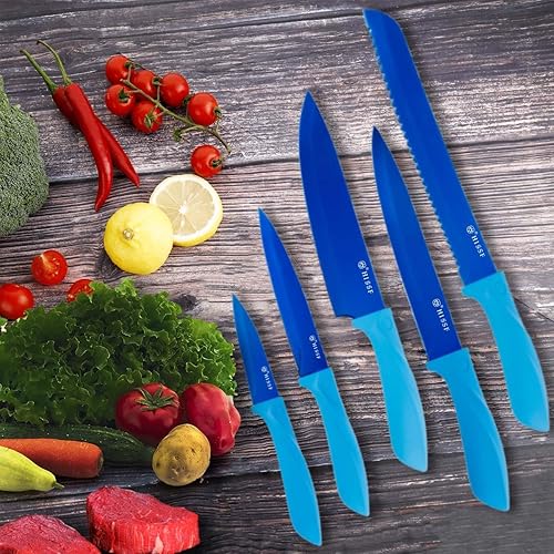 Miniatura 8 de HISSF Juego de cuchillos de cocina, 7 piezas de acero inoxidable de alto carbono con soporte acrílico, chapado en azul titanio para prueba de óxido
