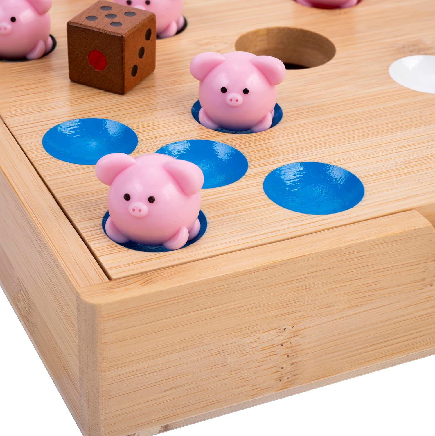Engelhart -350444 – Piggy Hole Game – Family Board Game in Bamboo Wood – Box of 60 Silicone Pigs + 2 Dice + Rules – Fun Party Game for Children & Adults