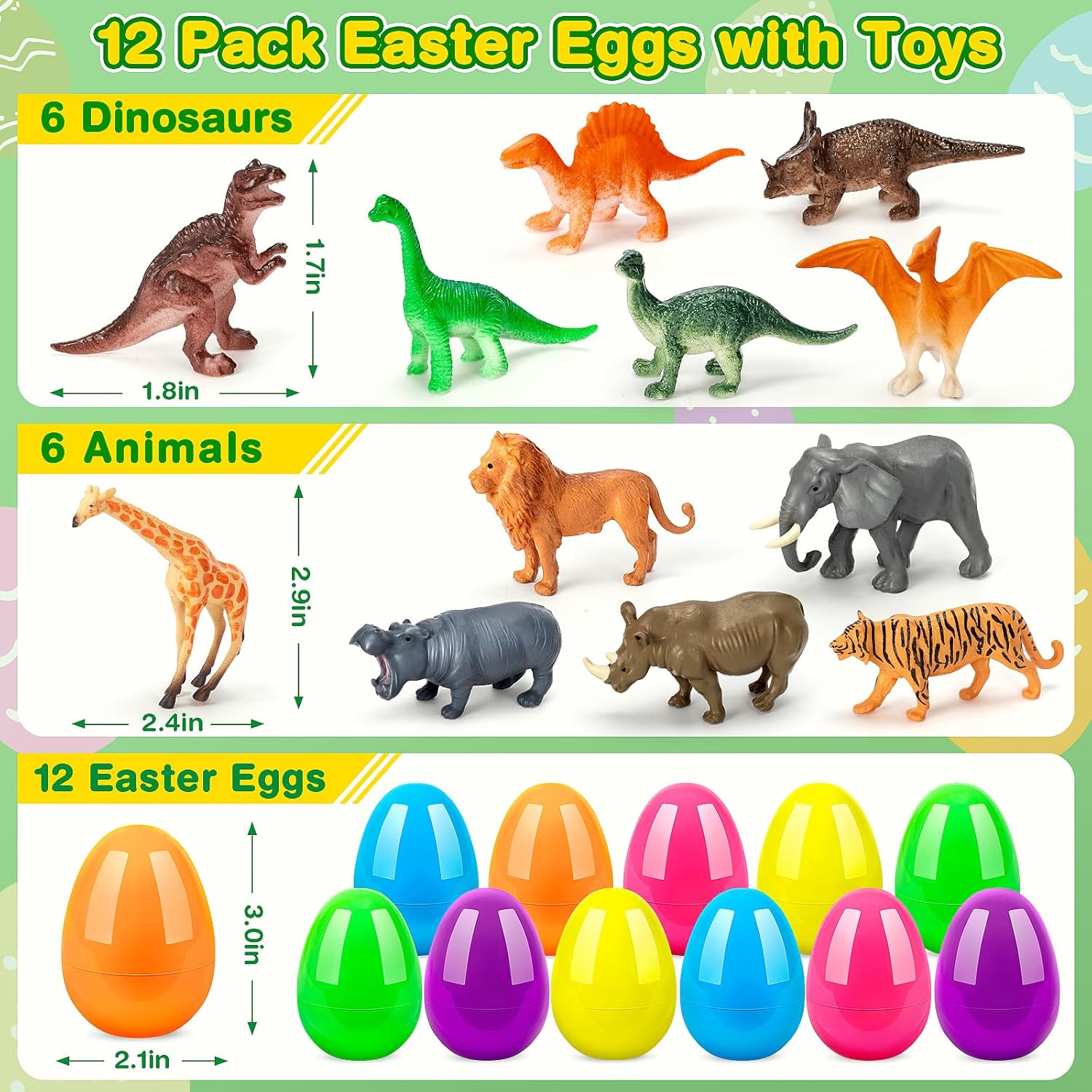 IJIGU 12 Pack Prefilled Easter Eggs with Dinosaur & Animal Figures for Easter Egg Hunt, Easter Eggs Filled for Kids,Basket Stuffers Filler and Classroom Prize Supplies, Party Favors