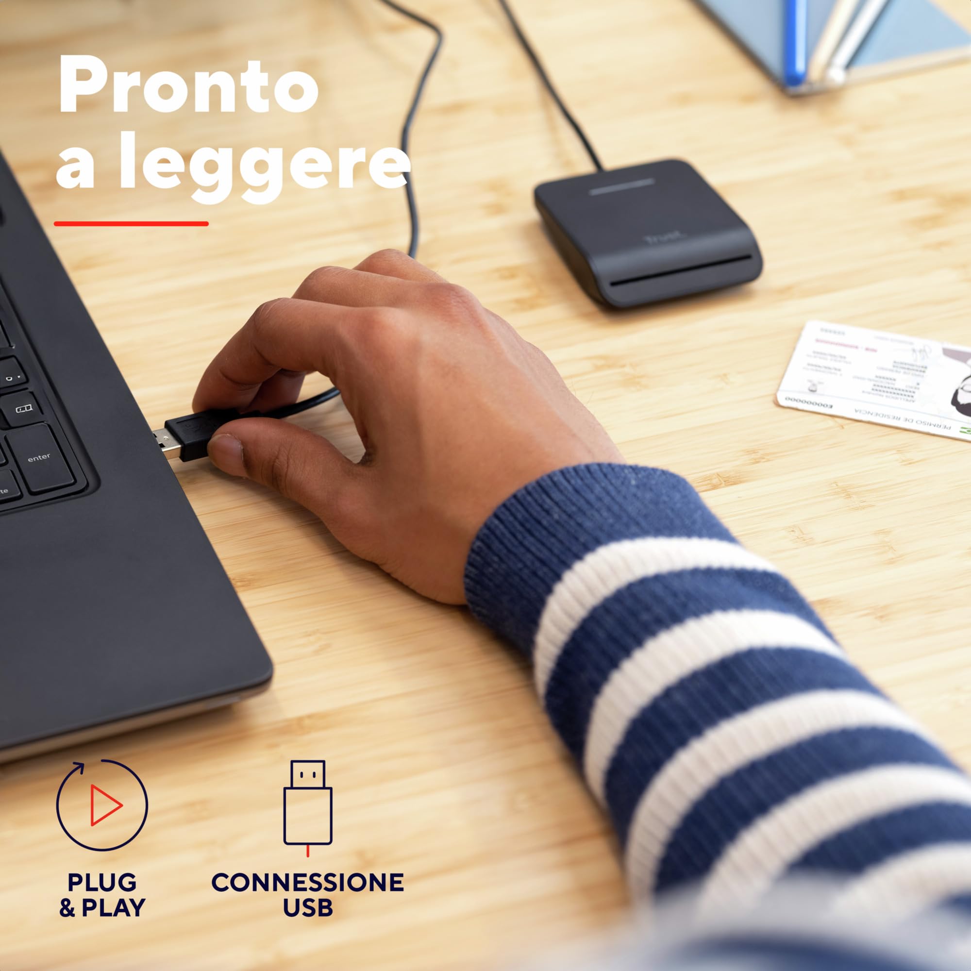 Trust Primo Lettore di Smart Card, DNI, Conforme con FIPS 201, FIPS TAA e ISO 7816 Classe A, B, C, Cavo di 100 cm, USB Plug & Play, Nero