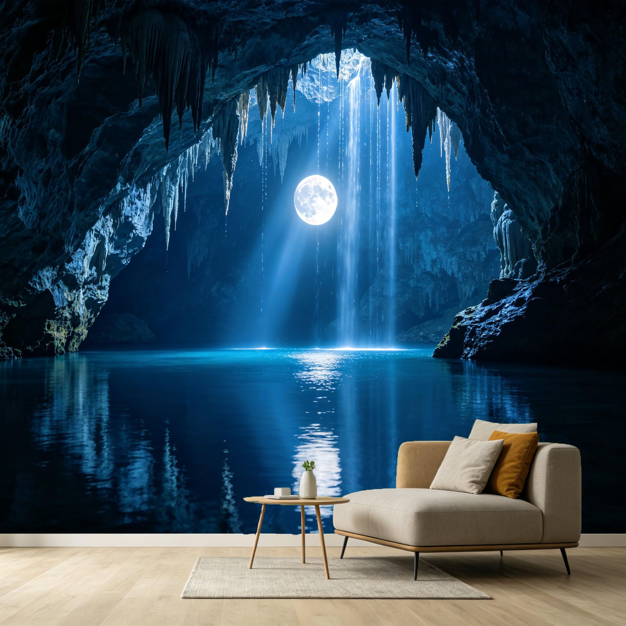 Custom Size Wall Murals Moonlit Cave Waterfall Landscape 3D Trompe L'Oeil SelfAdhesive Wall Fabric Removable Large Wallpaper for Photo Living Room Interior Decor