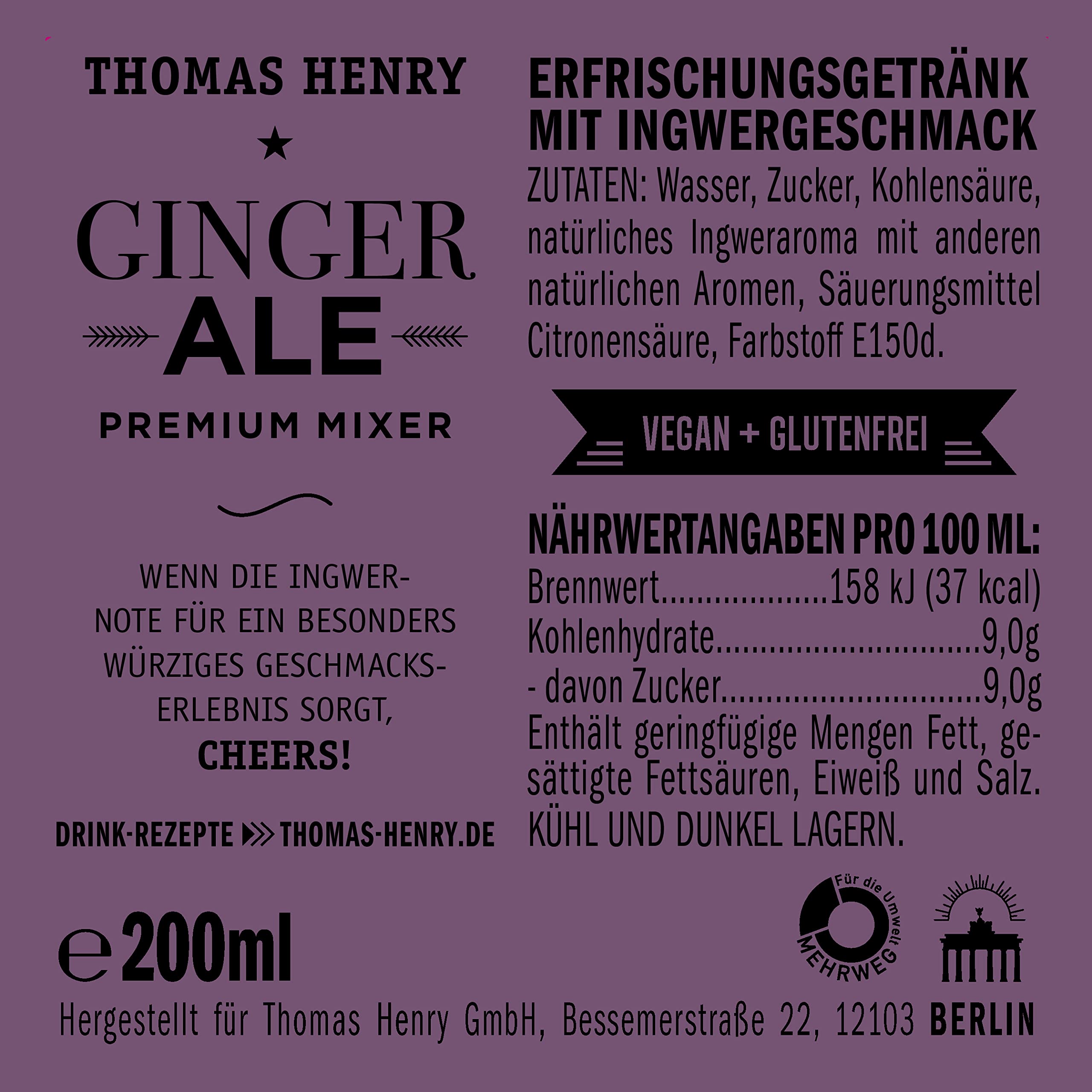Thomas Henry Ginger Ale 6 x 0,2 l Glas MW 6er Set Ingwerlimonade würzig zum Mixen von Longdrinks und Cocktails