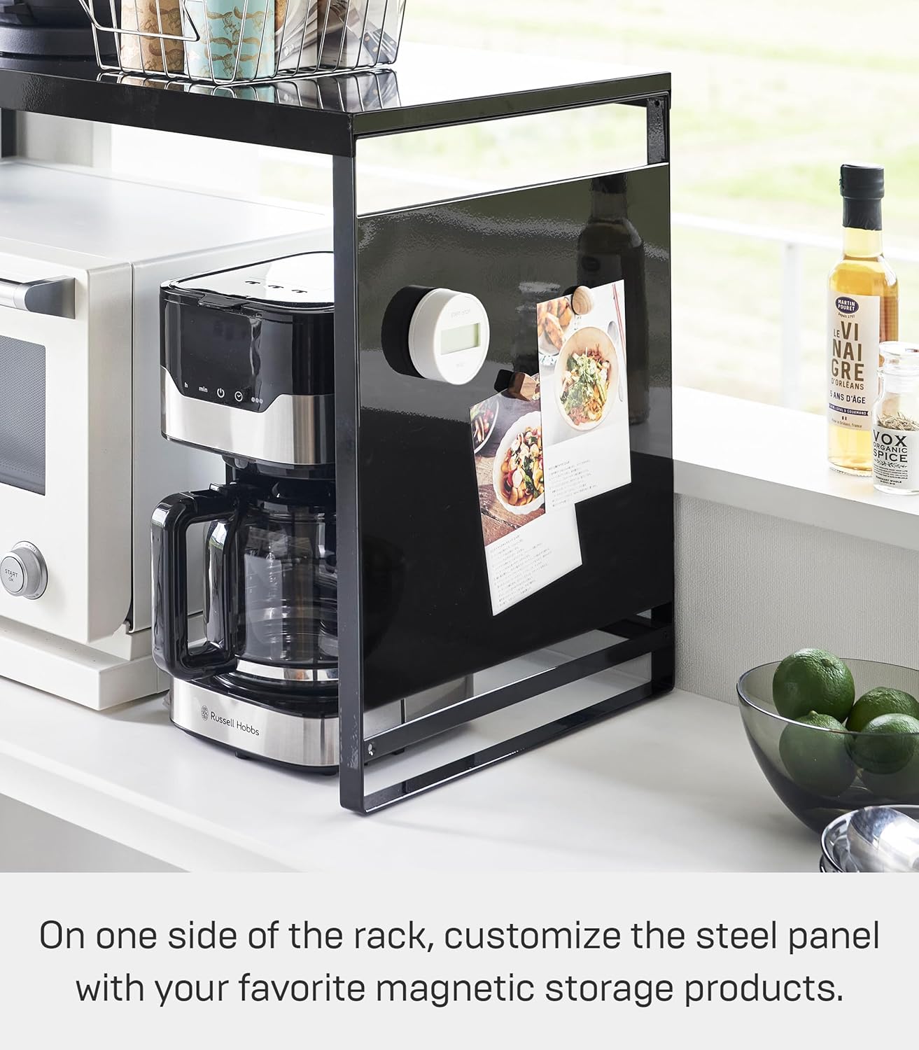YAMAZAKI Home Kitchen Appliance Rack, Microwave Stand With Steel Side Panel, Adjustable Shelves, Hooks & Storage For Countertops, Small Kitchen Organizer, Modern Minimal Design - Steel
