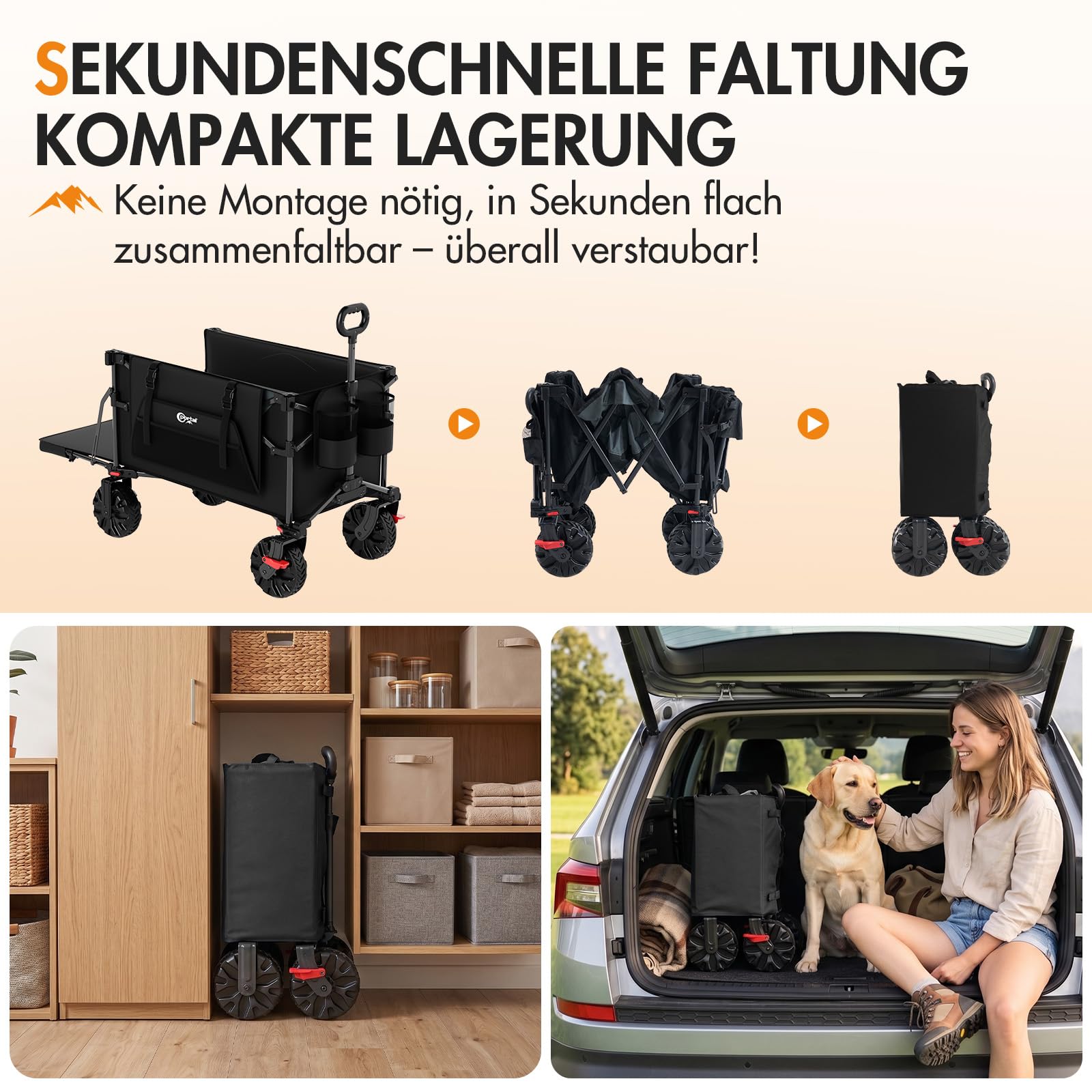 Portal Bollerwagen faltbar 400L XXL Große Ladefläche 210kg belastbar Handwagen mit Faltbarer Heckklappe Transportwagen Leiterwagen klappbar Strandwagen Faltwagen für Garten Camping Festival