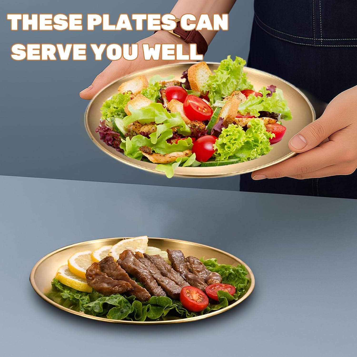 22 Pcs Stainless Steel Gold Plates 6.5 Inch Gold Dinner Plates Metal Serving Tray Dessert Dishes for Cakes BBQ, Salad, Snack, Desserts, Food Serving, Dips, Side Dishes Outdoor Camping