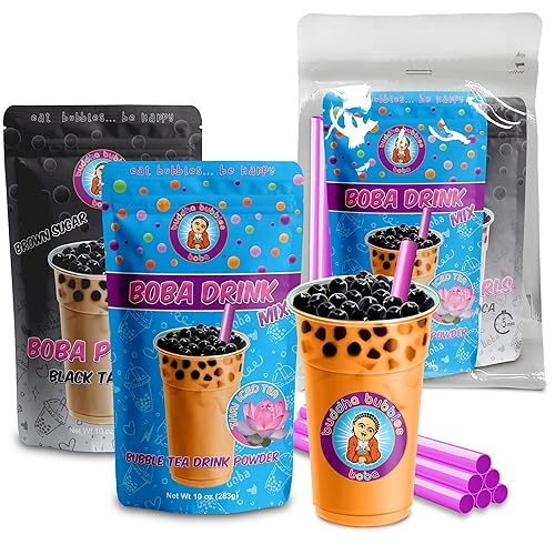 Buda Bubbles Boba - Kit de té tailandés  caja de regalo incluye té en polvo perlas de tapioca y pajitas de té Boba