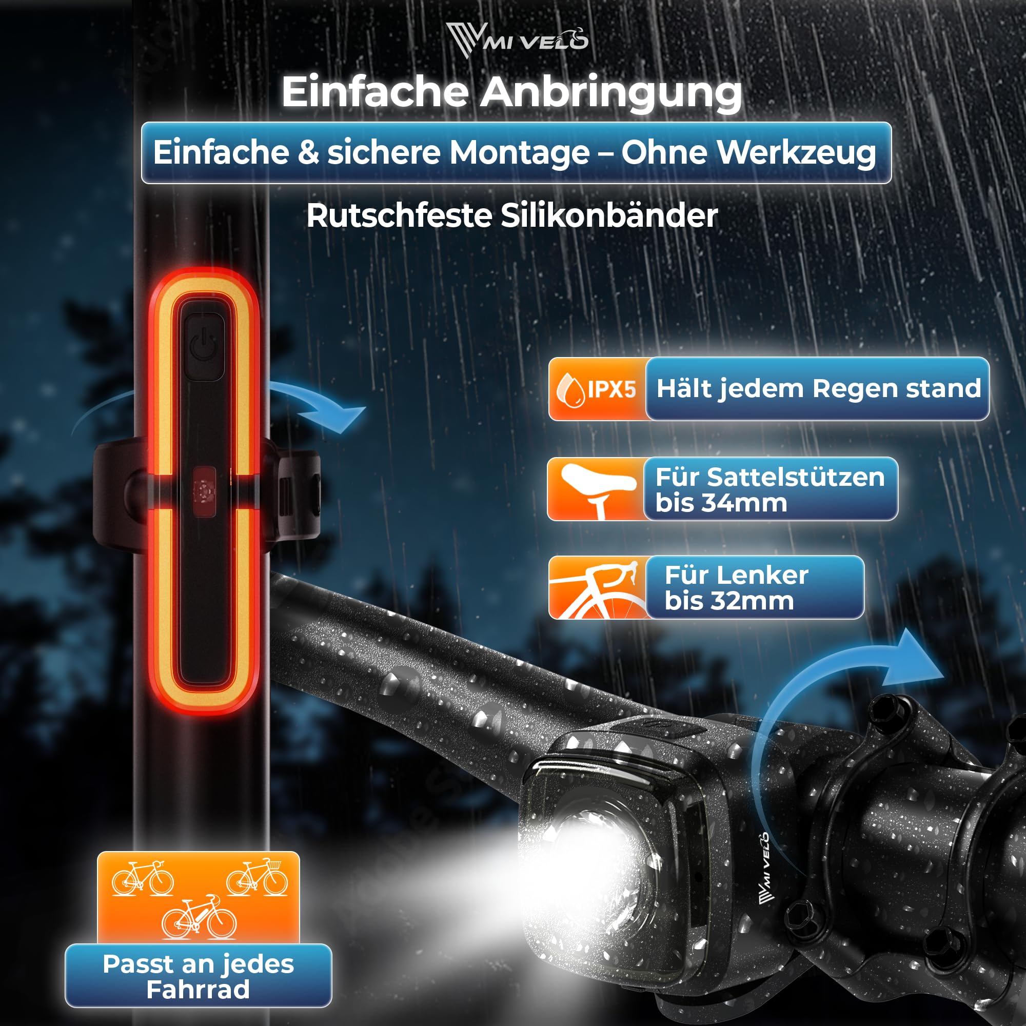 Kit d'éclairage de vélo avec indicateur de freinage - Lampe de vélo LED homologuée StVZO et étanche IPX5 - Éclairage de vélo avant et arrière rechargeable par USB - Feu avant et arrière de vélo avec