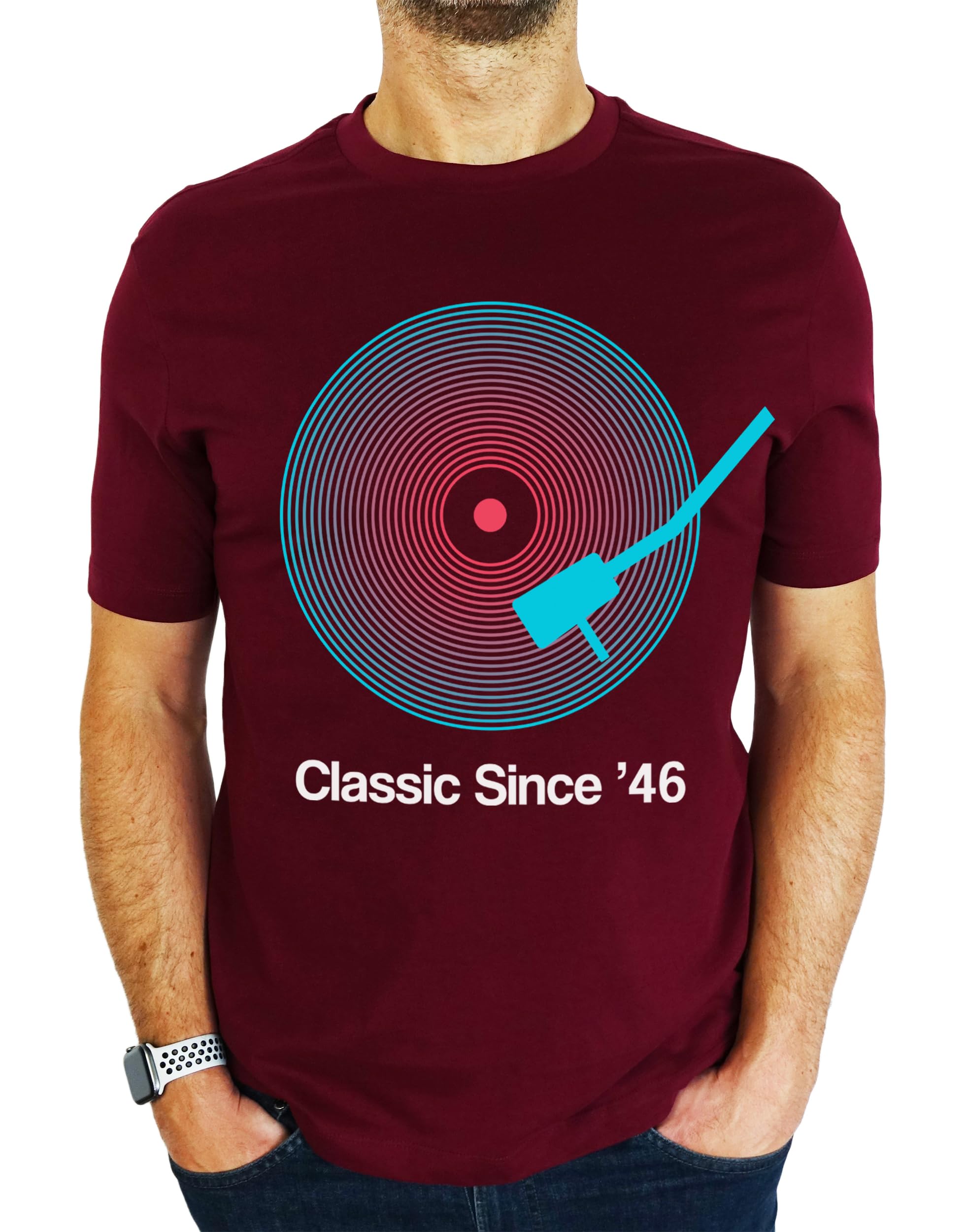 1946 Vinyl Record Neon - Classic Since - 80th Birthday Gift | Present Mens T-Shirt Burgundy L