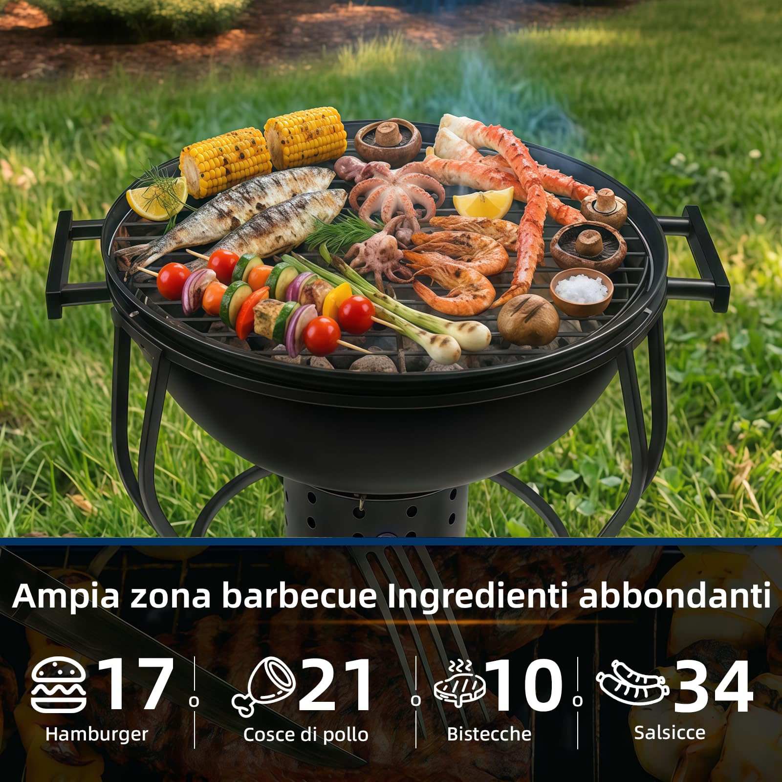 Barbecue Carbonella Portatile da 17" con Termometro Integrato, Presa d'aria Regolabile e Ventola Regolabile, Barbecue a Legna da Esterno per Campeggio, Tailgating e Cucina all'aperto