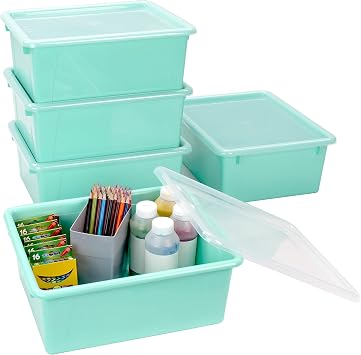 Storex Letter Size Deep Storage Tray Organizer Bin with Non-Snap Lid for Classroom, Office and Home, Teal, 5-Pack 62549U05C