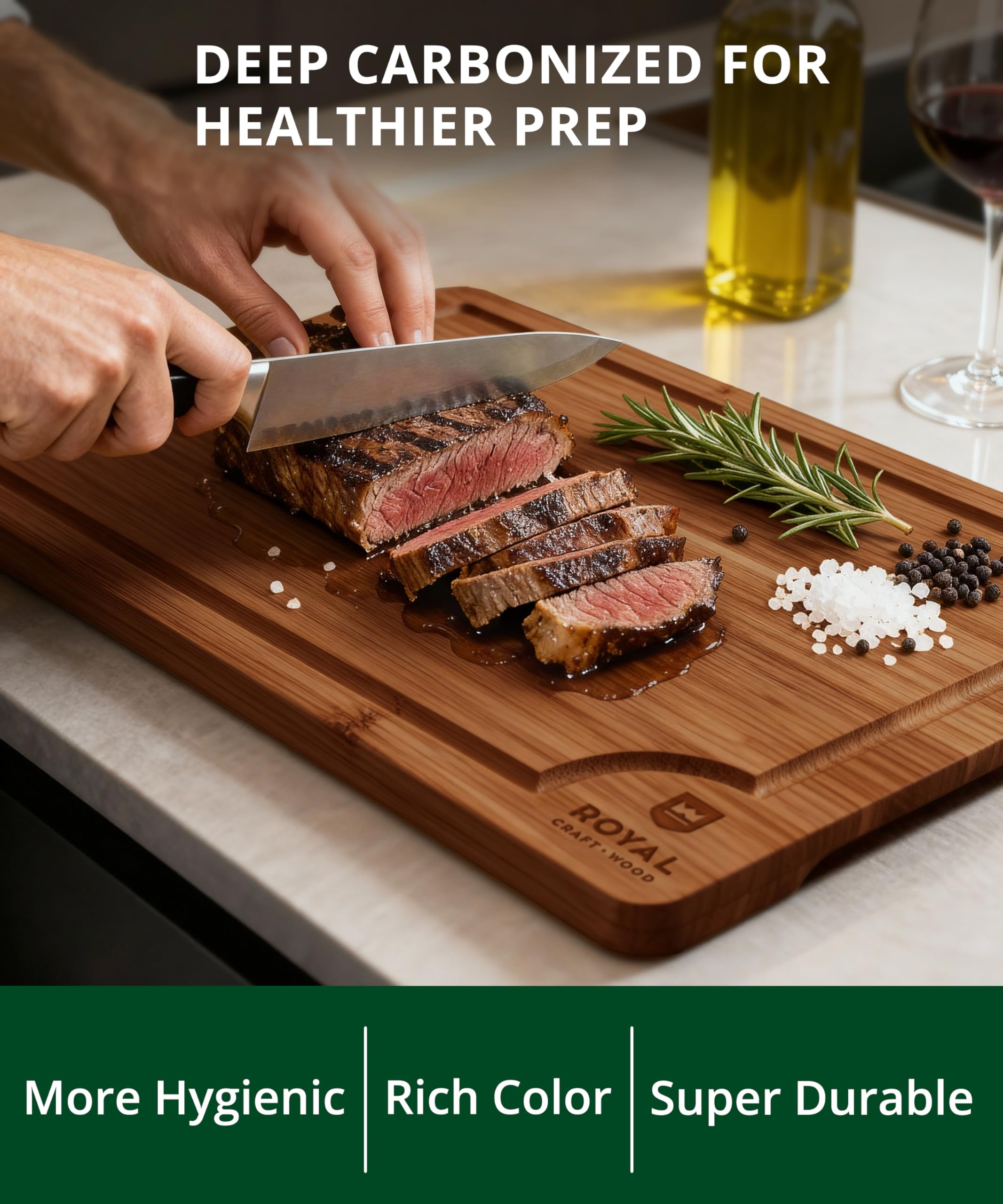 ROYAL CRAFT WOOD Wooden Cutting Boards for Kitchen Meal Prep & Serving - Bamboo Wood Serving Board Set with Deep Juice Groove Side Handles - Charcuterie & Chopping Butcher Block for Meat (3 Pcs)