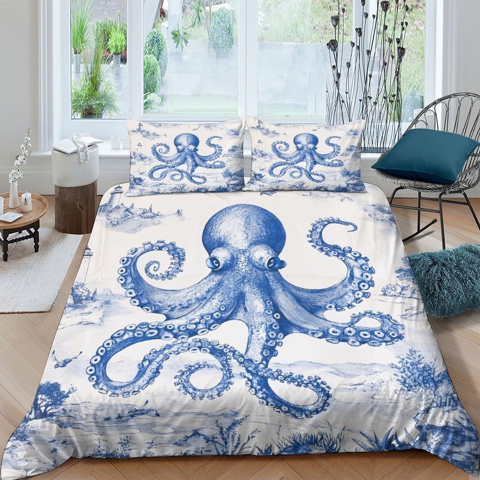 Ctjqhvkz Style-9 3D Printed Octopus Ocean Fitted Sheet Microfiber Soft Blue Marine Bed Cover For Bedroom Dorm Decor Single（135X200cm）