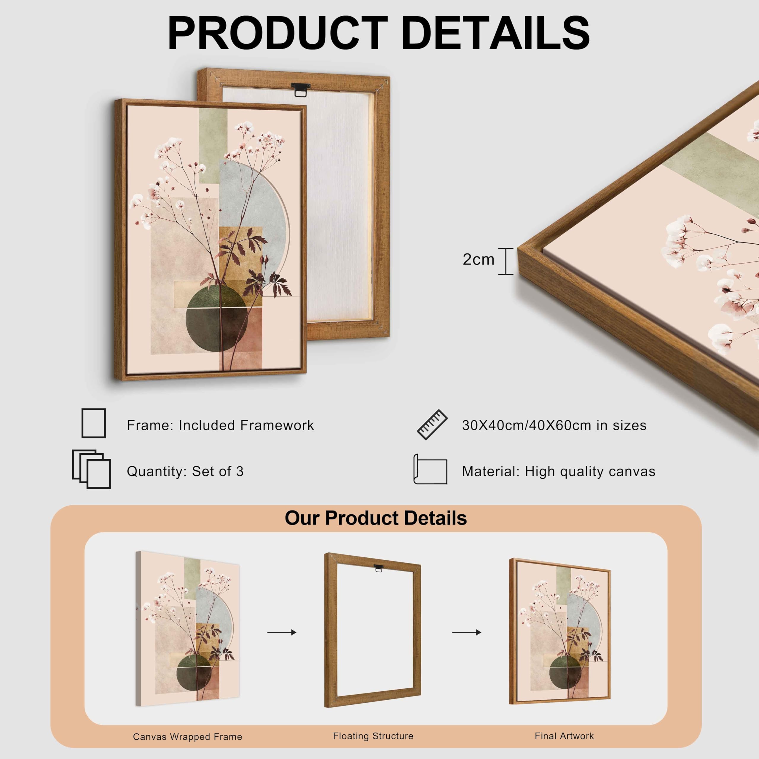 3Pcs En Bois Cadre Beige Géométrique Plantes Floral Tableau Décoration Murale Salon Botanique Coton Eucalyptus Feuille Impression sur Toile Peintures sur Toile Décor Murale Pour Chambre Maison 30x40x3