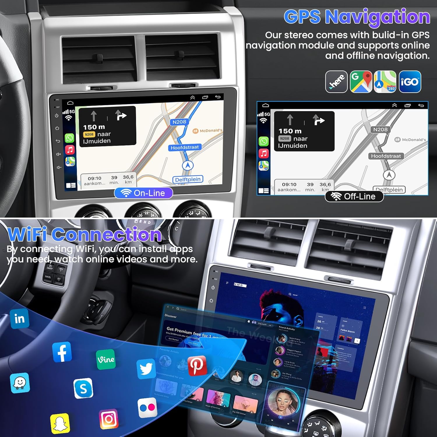 GPS navigation map displayed on the car radio screen, showing both online and offline map capabilities.