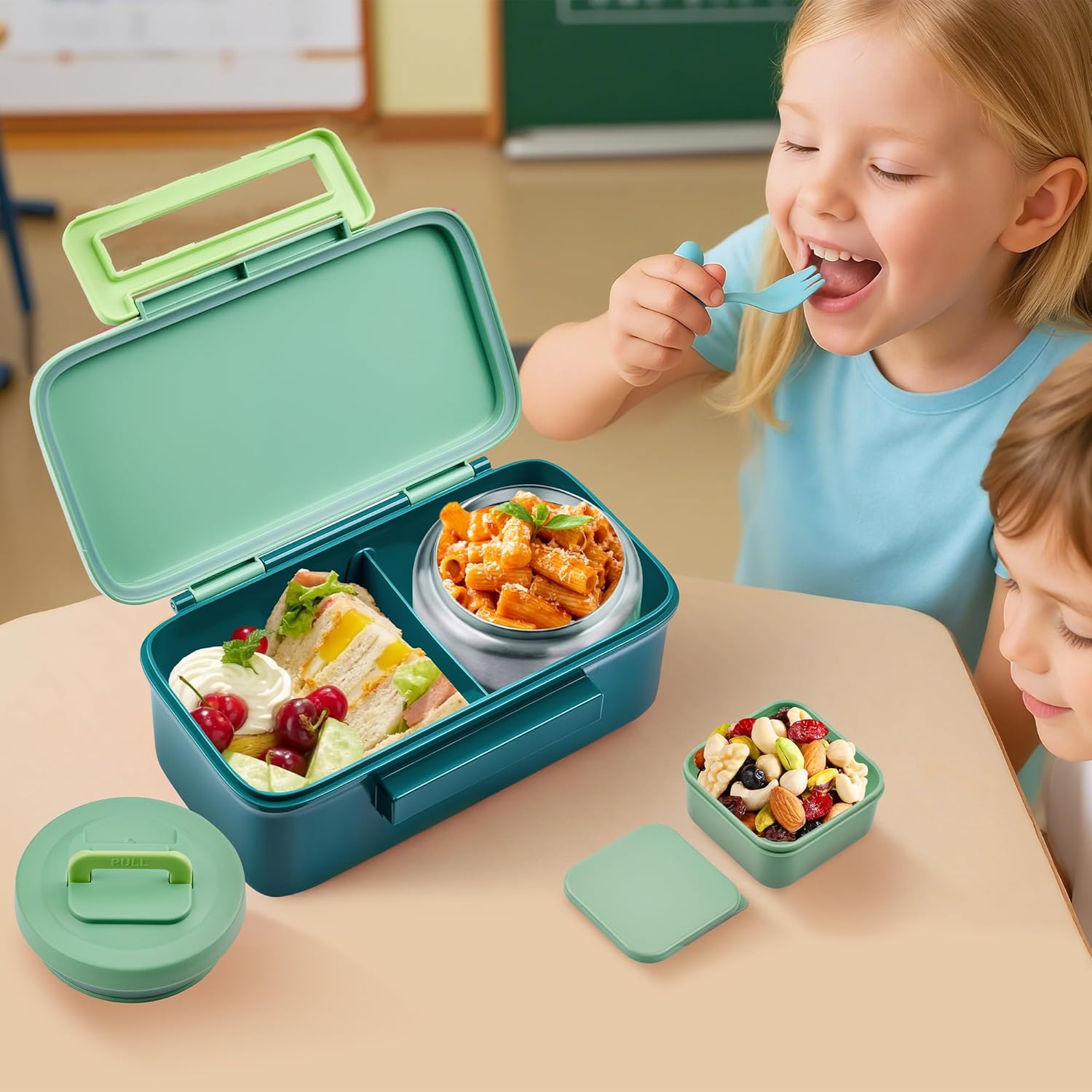 MAISON HUIS Kids Lunch Box with Thermo, Leakproof Bento Box with 8oz Insulated Food Jar, 2 Compartment Container for Back to School Girls Boys (Green)