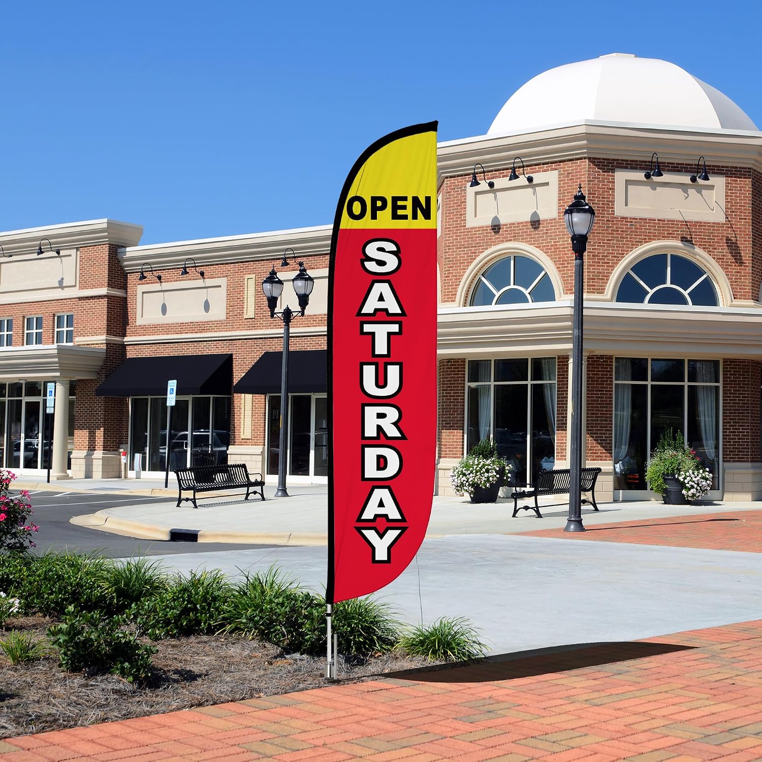 LookOurWay Feather Flag Pole Kit - 12 Feet Tall Advertising Flag Banner with Fiberglass Pole Kit and Ground Spike for Business Promotion - Grand Opening Flags - Open Saturday (10M1200274)