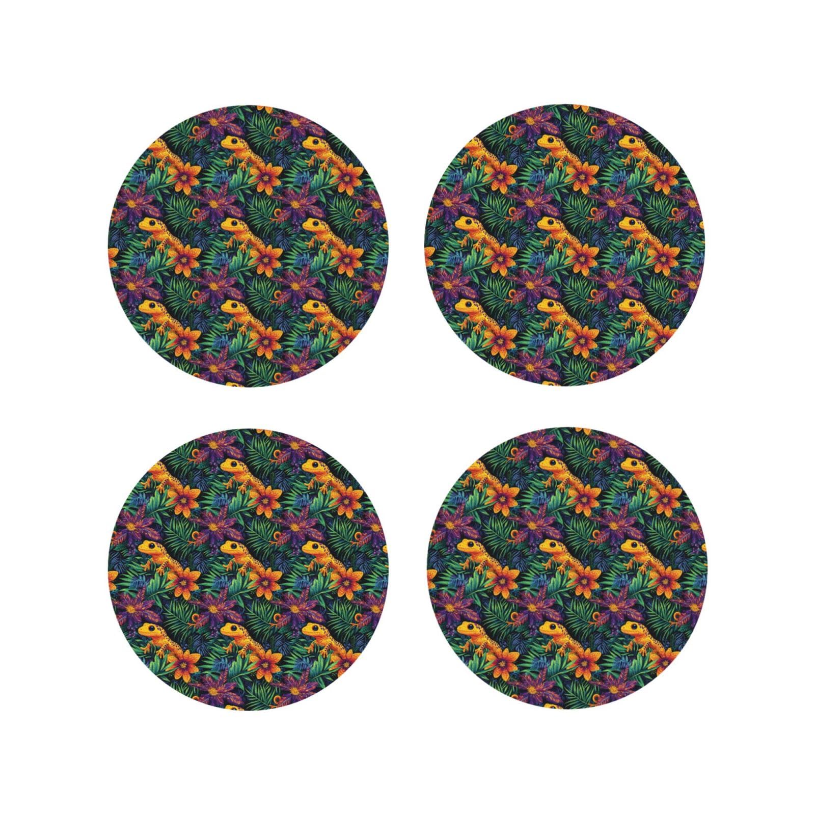 Leather Coasters Set of 4 - Tropical Lizard Print Lightweight Drink Coasters for Desk
