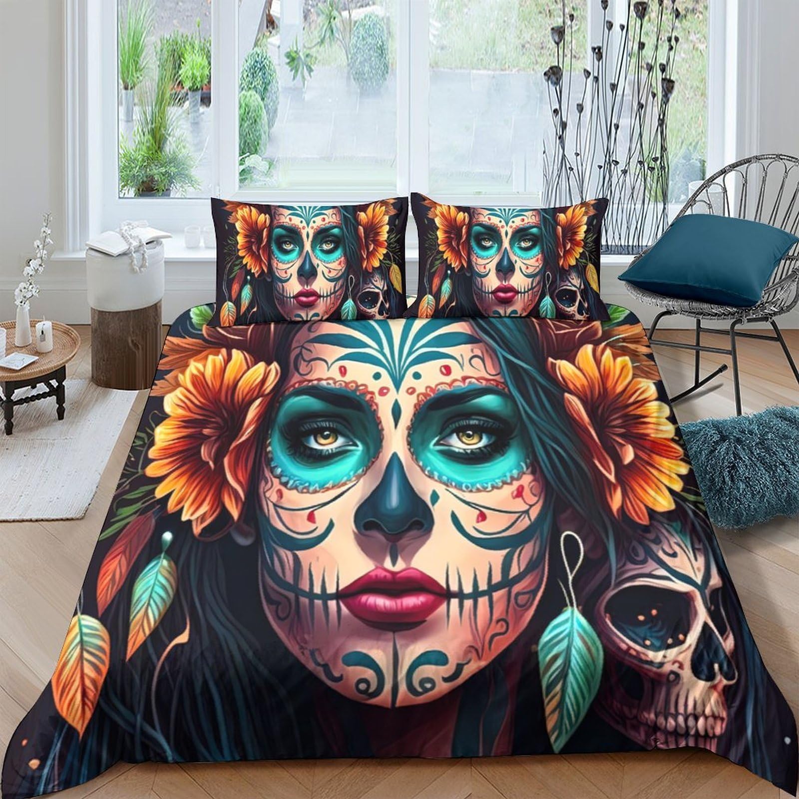 Ctjqhvkz Style-4 3D Printed Day Of The Dead Skull Fitted Sheet Microfiber Sunflower Mattress Cover For Bedroom Decor, Anti-Slip, Washable Single（135X200cm）