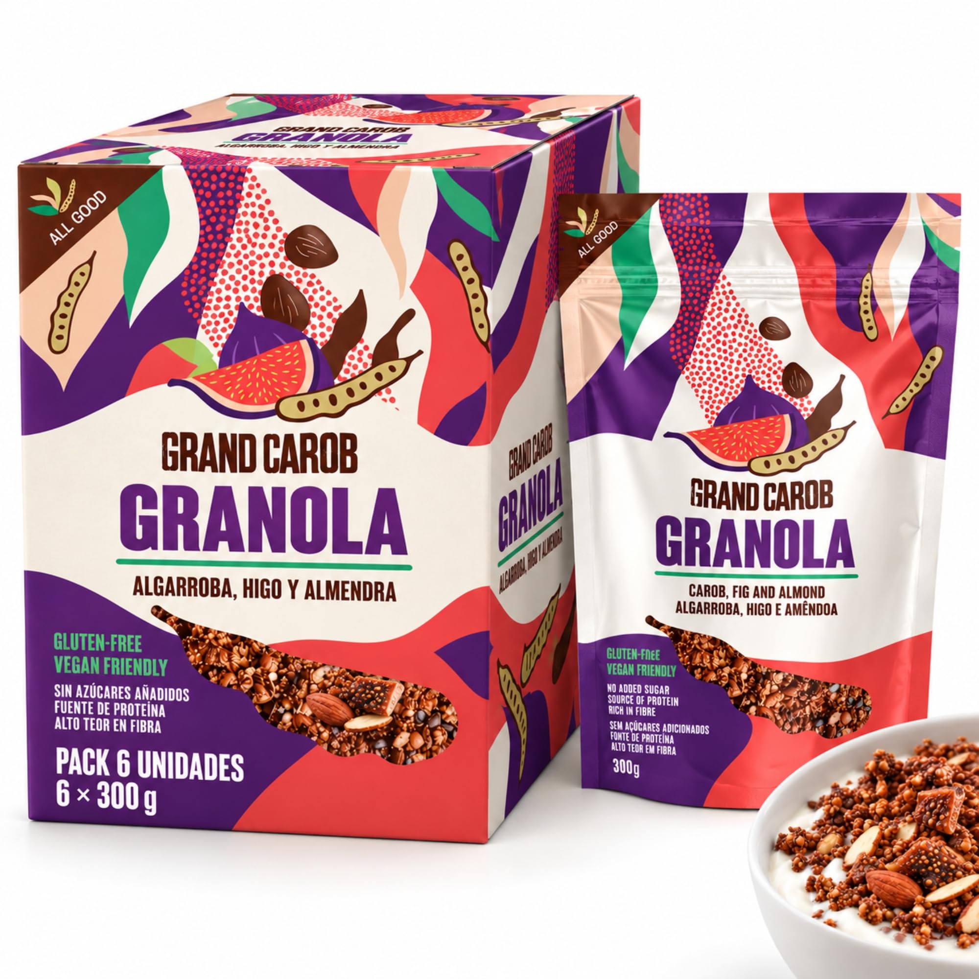 Granola SIN Gluten de Algarroba, Higo y Almendra 300g, 6 Unidades
