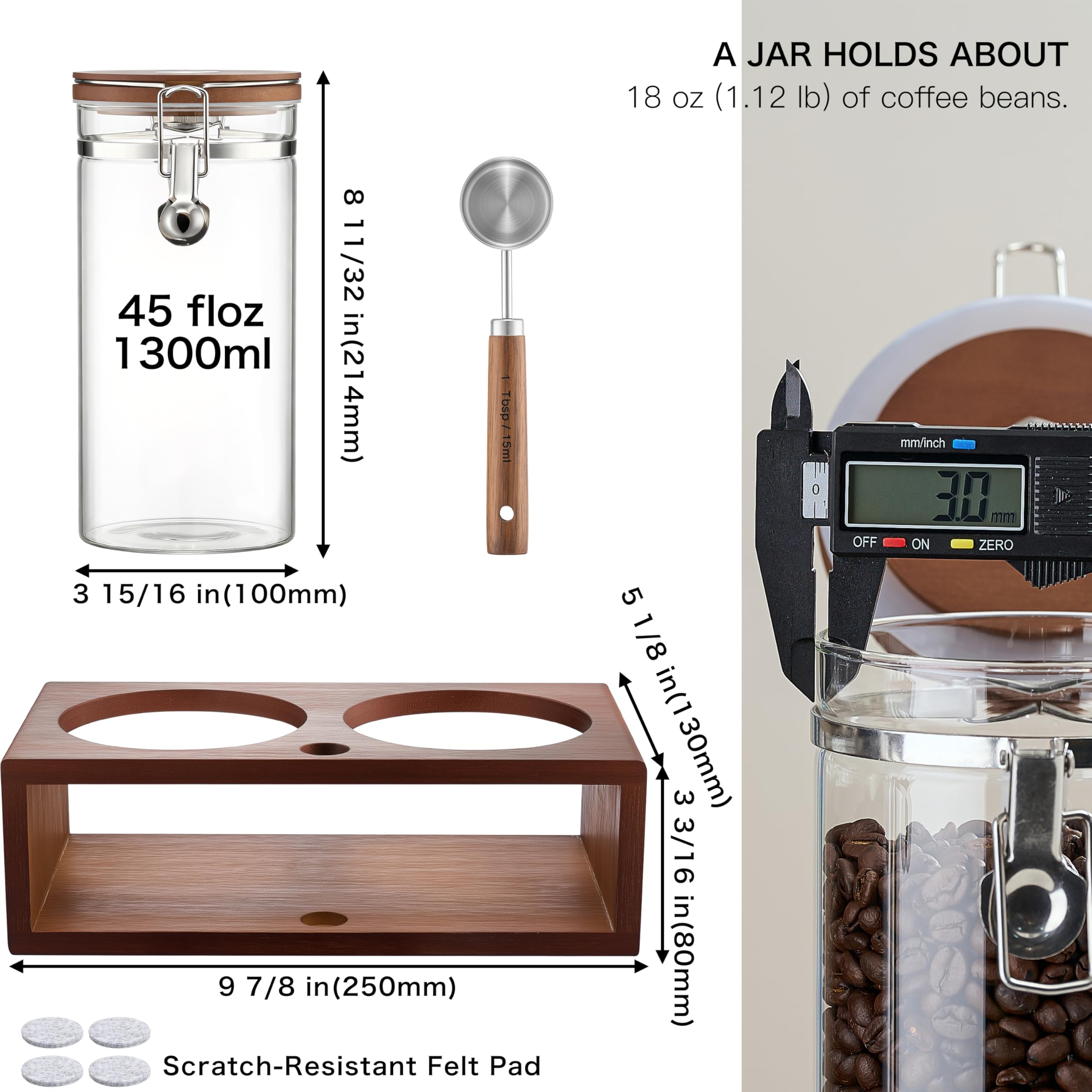 Danmu Luftdichte Borosilikat-Kaffeedose, Kaffeebohnen-Aufbewahrung, 120 ml, mit Bambusablage, Löffel, CO2-Auslassventil, 2 Stück