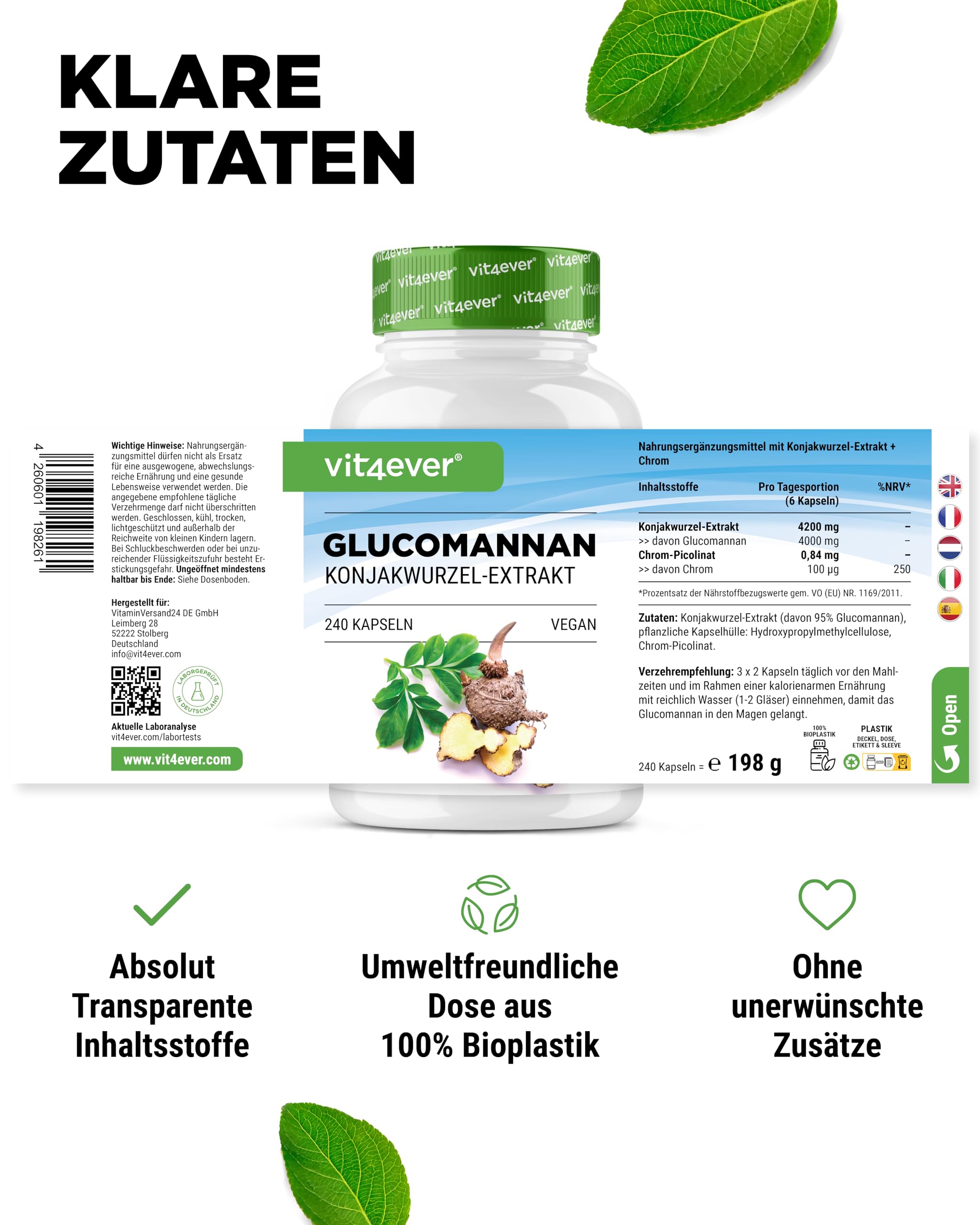 vit4ever Glucomannan Konjak-Wurzel - 240 Kapseln - 4200 mg Tagesportion | mit Chrom optimiert, hochdosiert, vegan