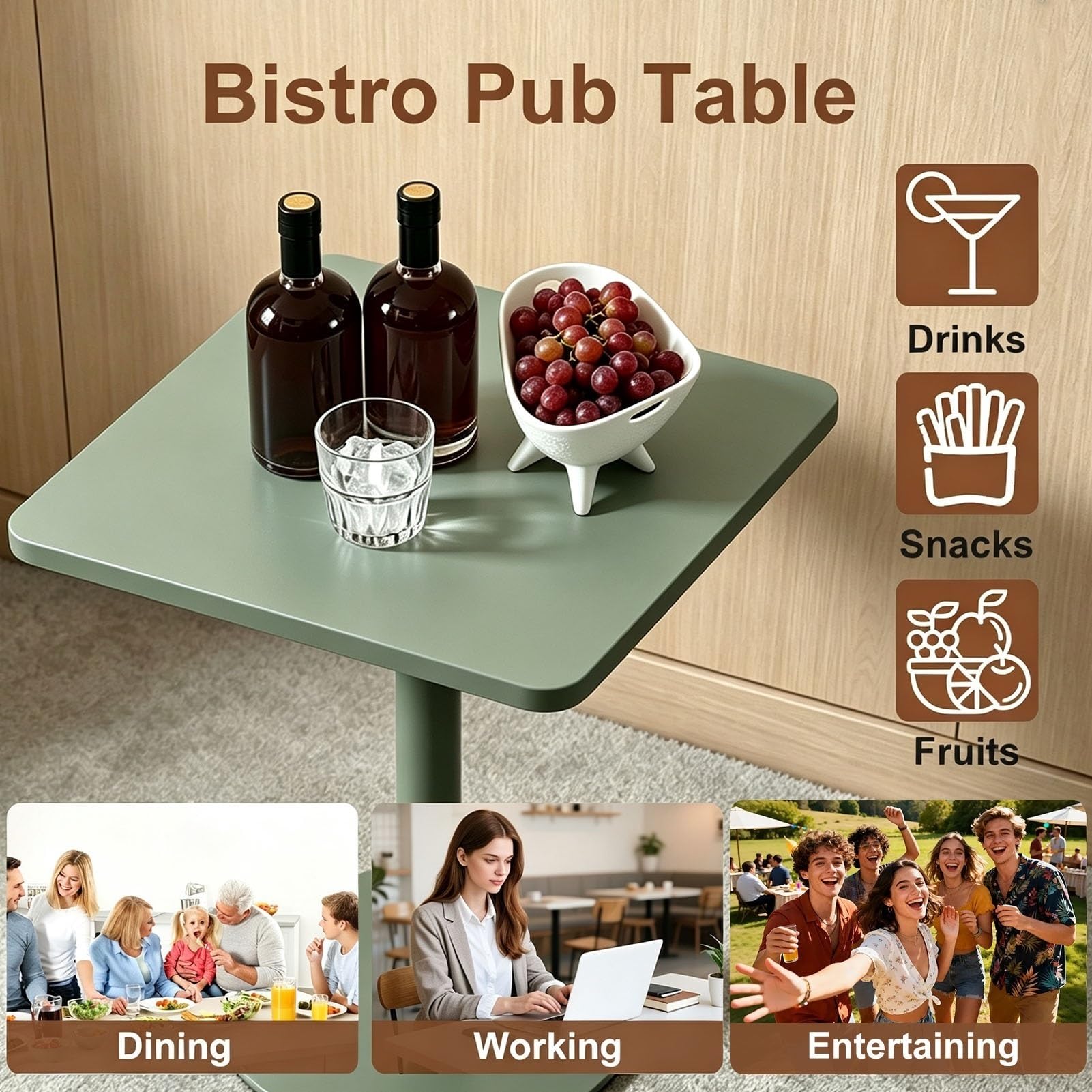 Koktajl Bistro Blat Stół Śniadanie Jadalnia Kuchnia Biurko Białe | Stolik kawowy, metalowy Wysoki Pub Nowoczesne Bistro Wysokie Meble do Jadalni Stół barowy(Zielony,70x70x73cm)
