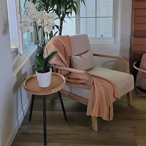 Miniatura 30 de Tiita Mesa auxiliar redonda mental, mesita de noche, mesas pequeñas de madera, mesa de centro con bandeja de madera para sala de estar, dormitorio,