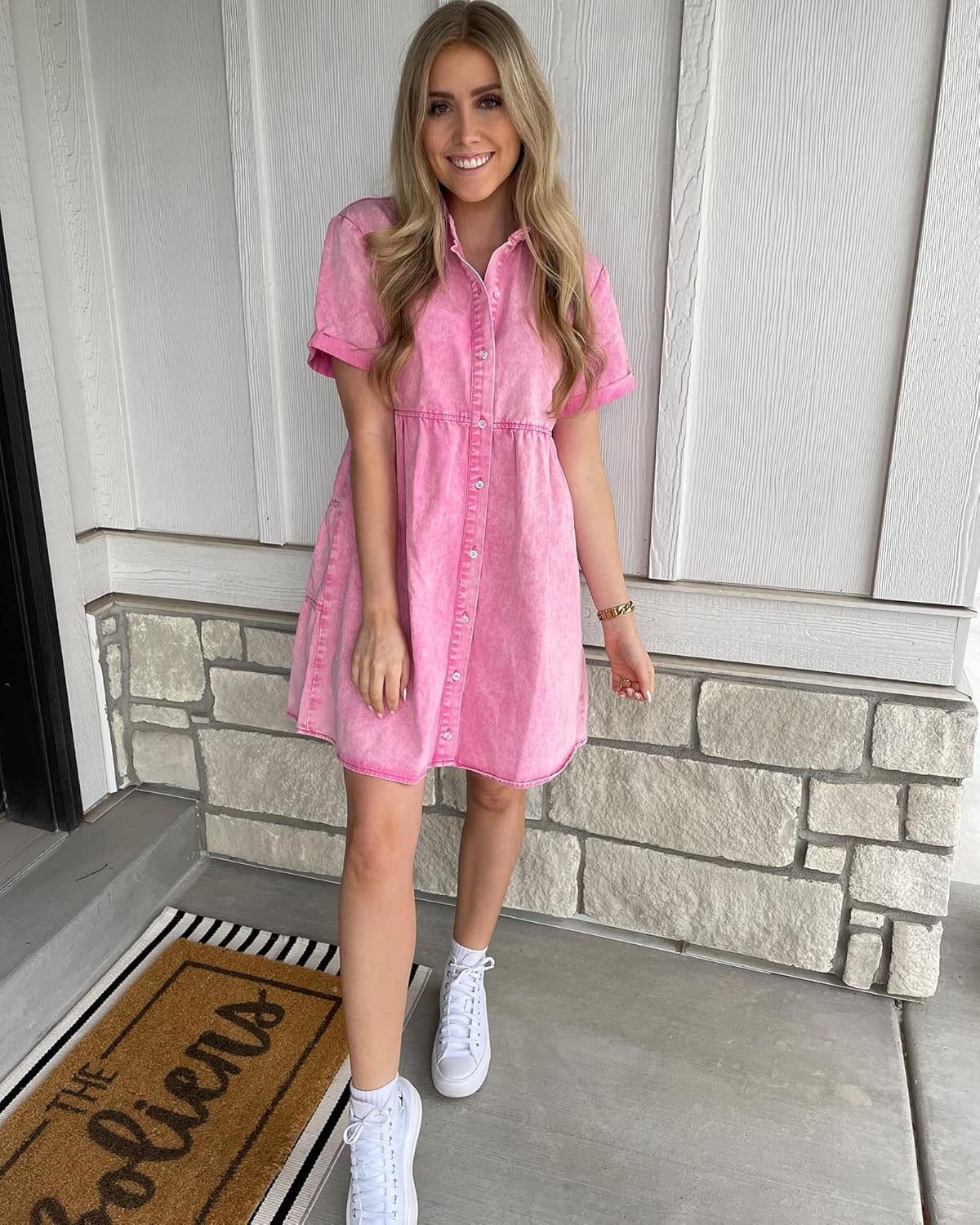 luvamia Women's Casual Short Sleeve Button Down Tiered Denim Babydoll Jean Dress - Image 4